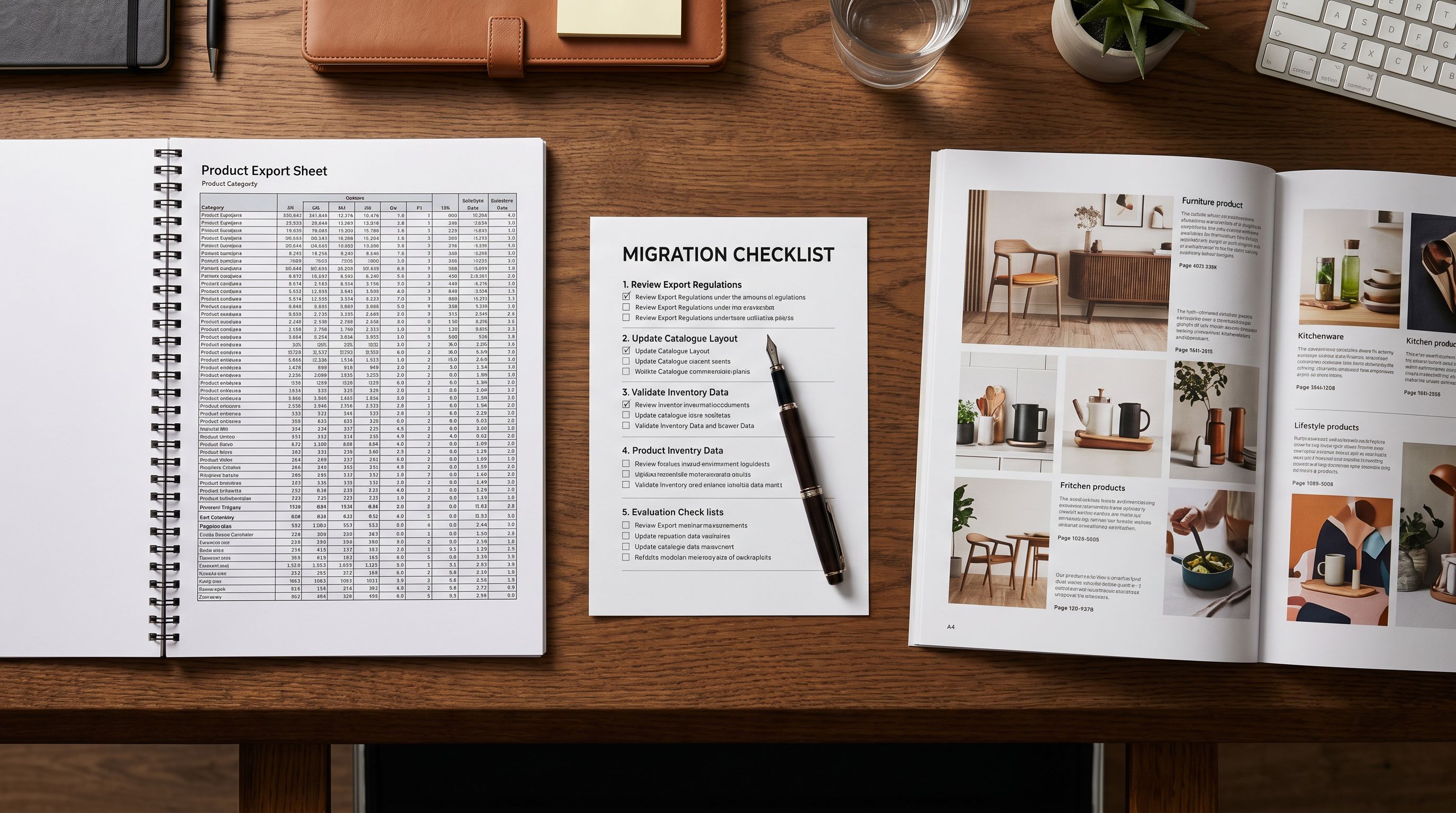Printed 3dcart product export spreadsheet on a desk beside a Shopify product catalogue layout, with a migration checklist and pen placed between them.
