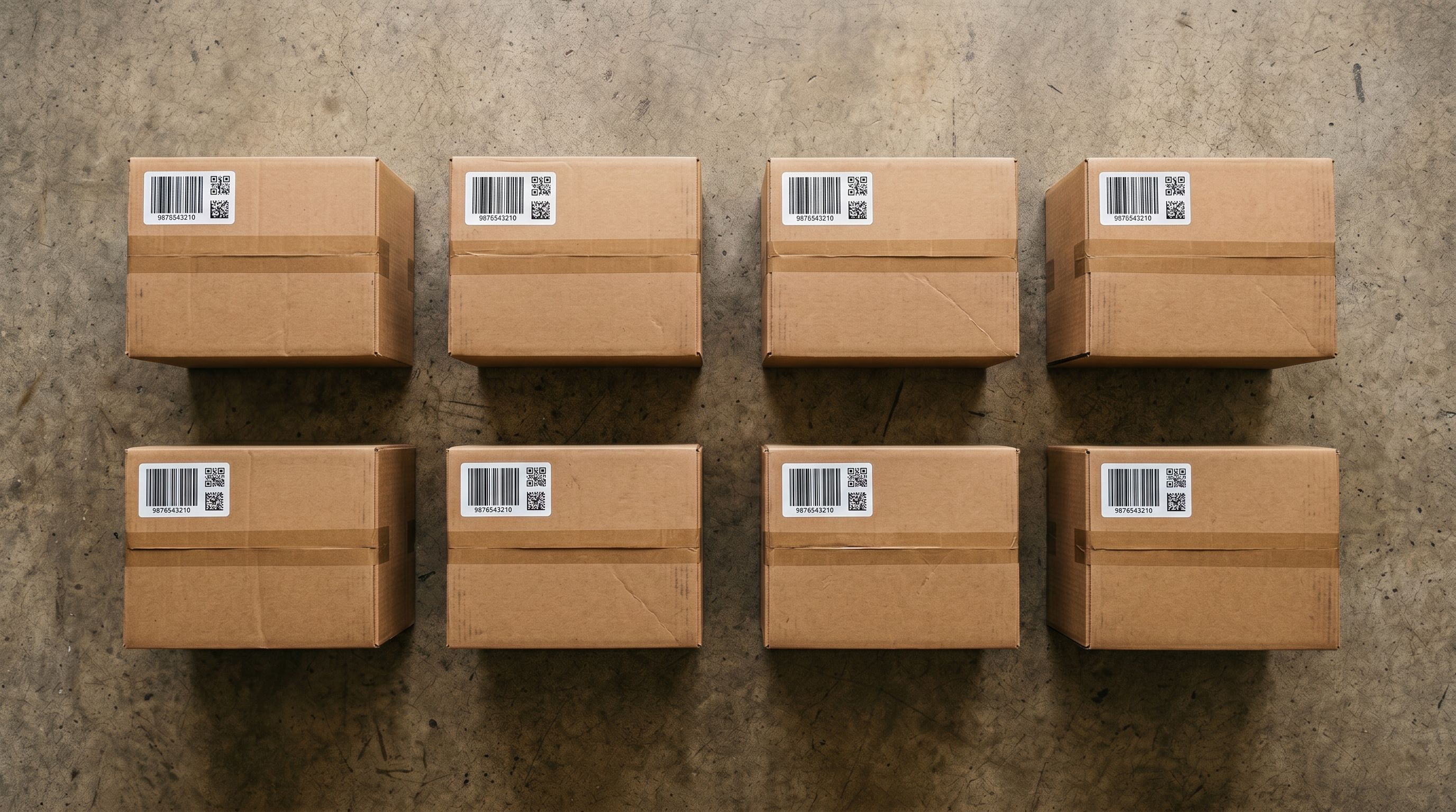 Eight identical cardboard shipping boxes with barcode stickers arranged in parallel rows on concrete.
