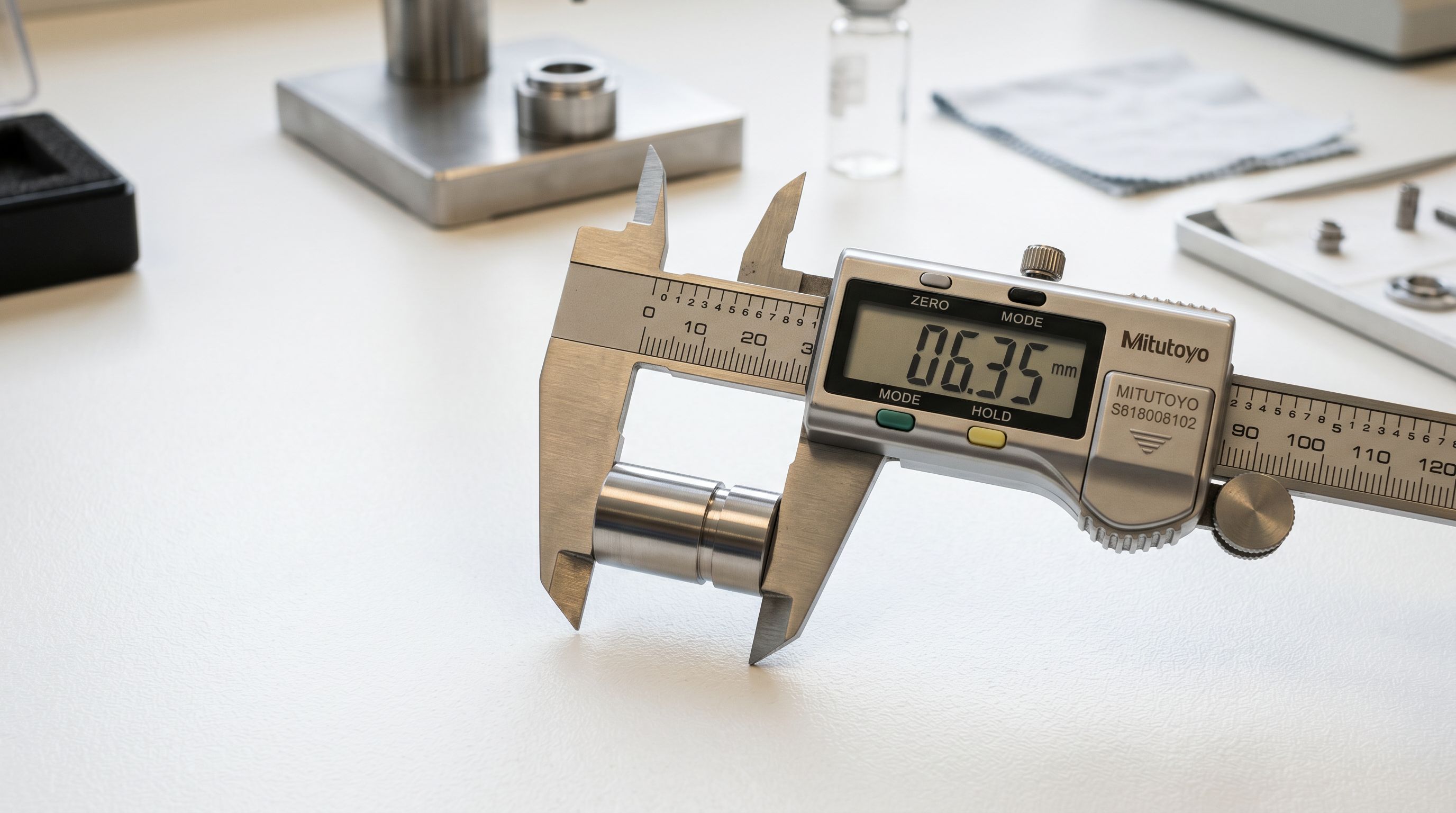 Precision stainless steel calipers measuring a small cylindrical component on a white laboratory surface.