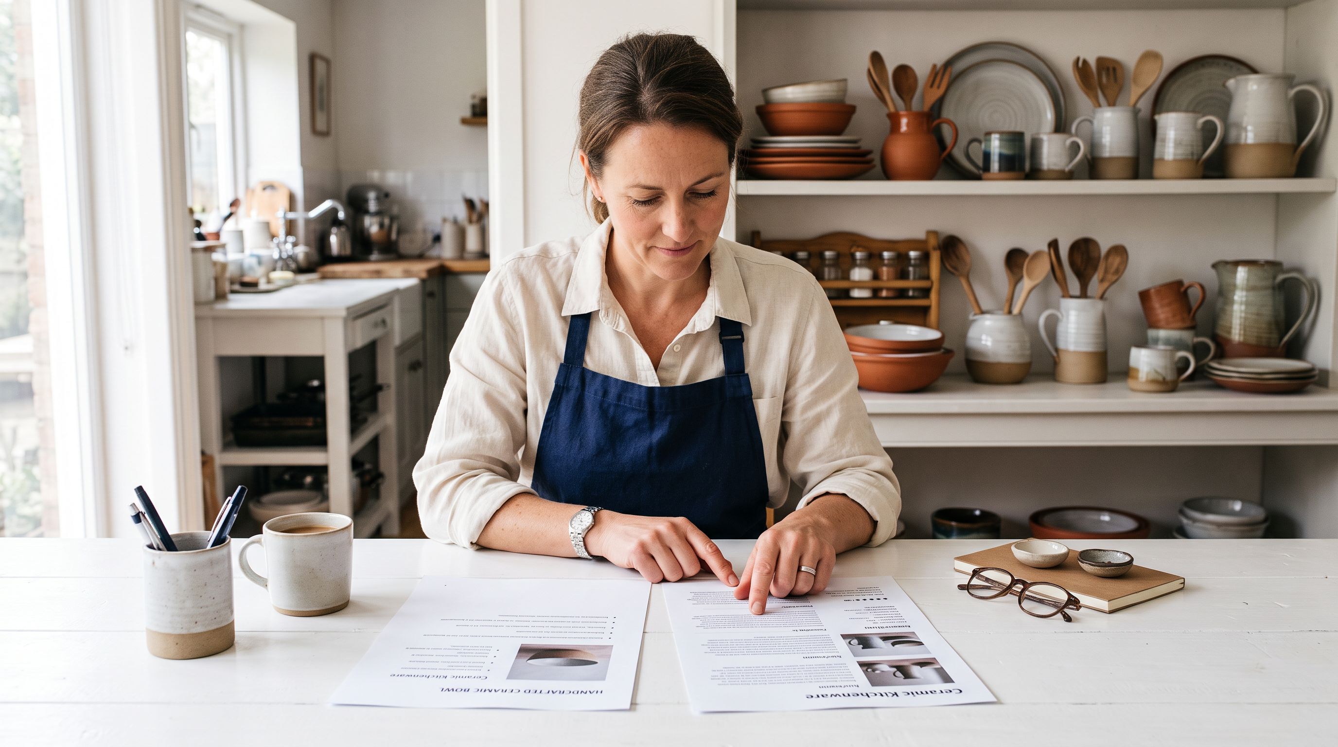Kitchen merchant at a bright workspace reviewing two printed product listing documents side by side, one with sparse bullet points and one with a detailed description paragraph.