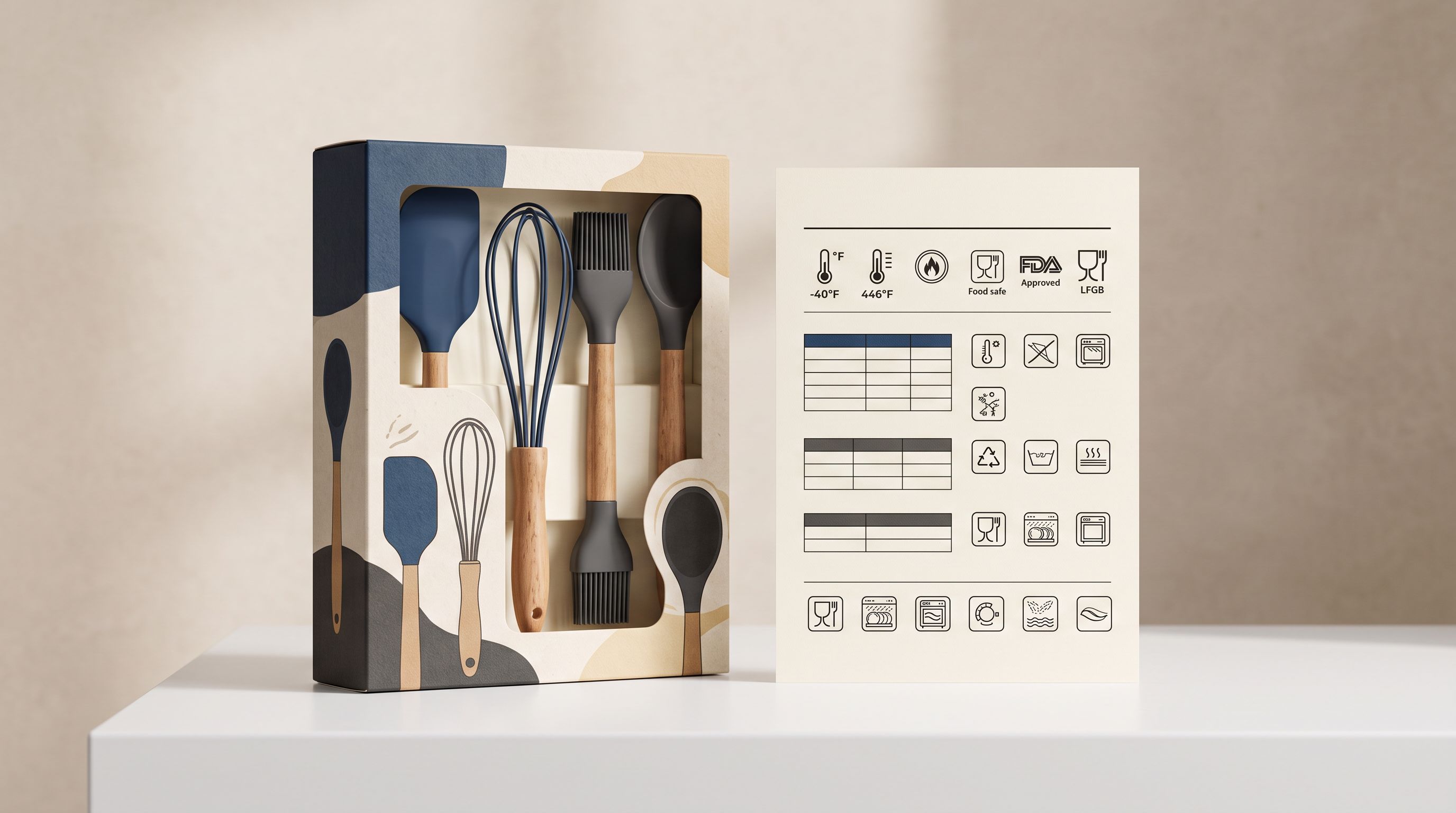 Product packaging with a silicone baking set displayed on a white retail surface beside printed attribute specification sheets under bright studio lighting.