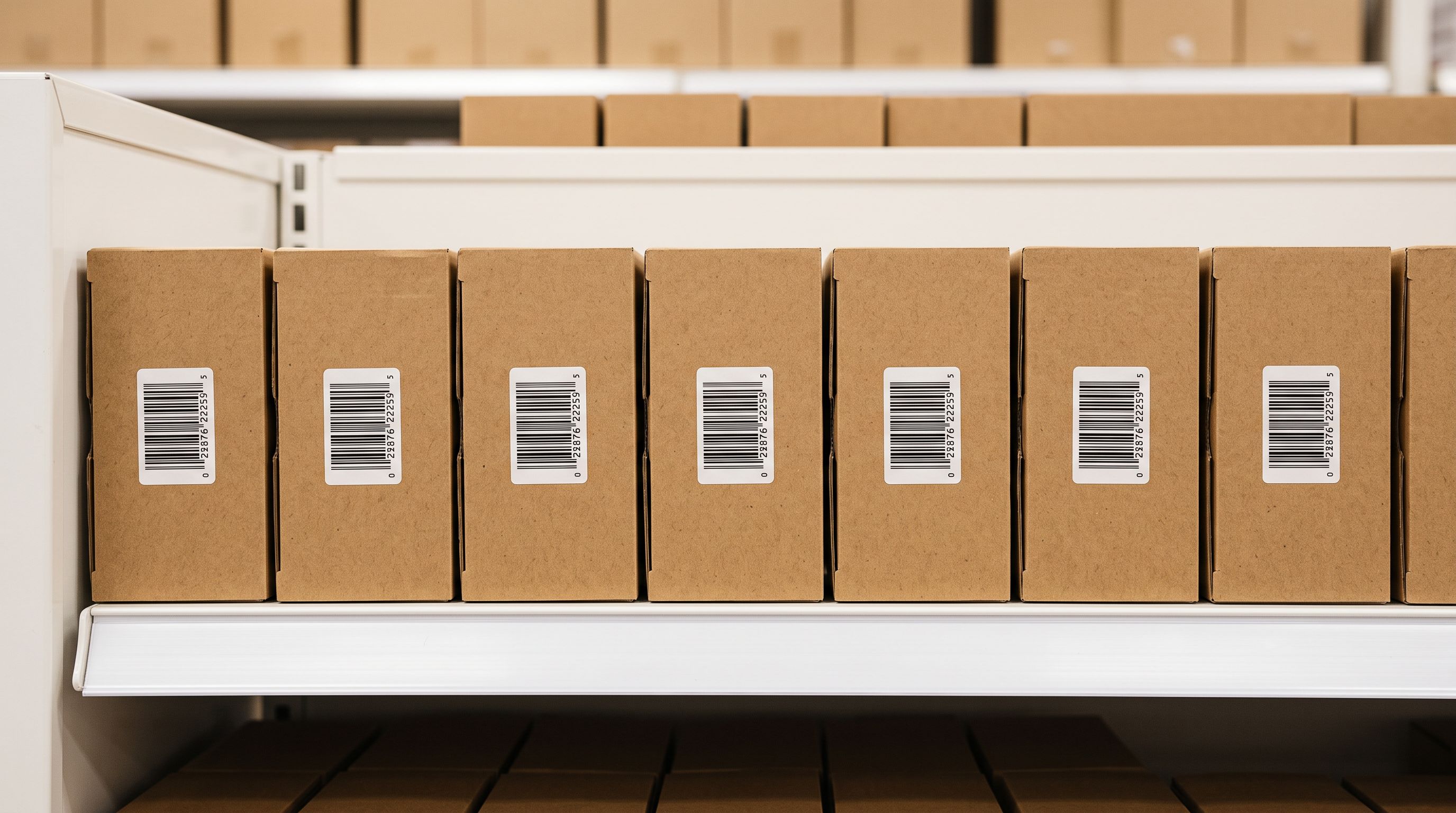 Close-up of product barcode labels on white packaging arranged on a light grey surface under clean overhead studio lighting.