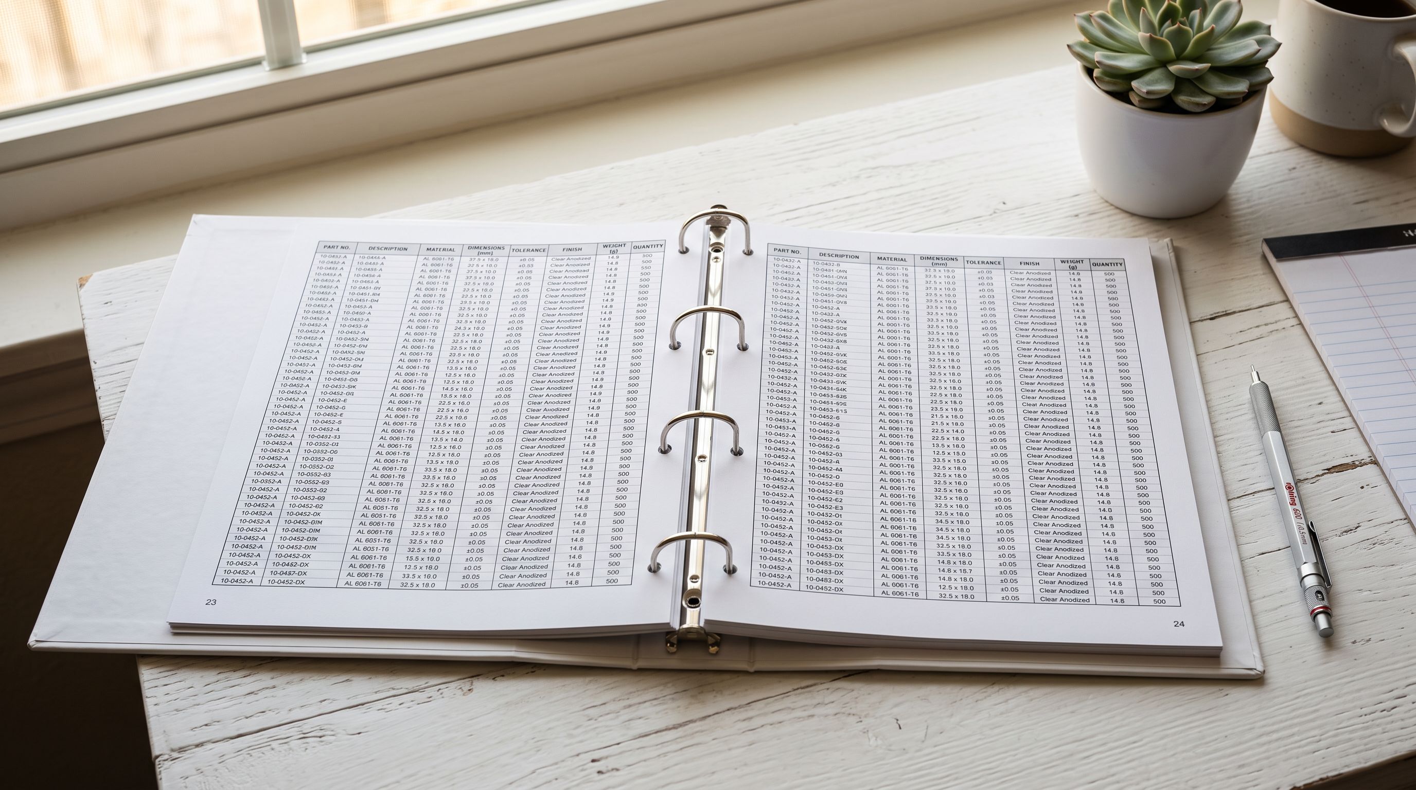 Open product catalogue binder with detailed attribute specification pages visible on a white desk beside a keyboard under clean office lighting.