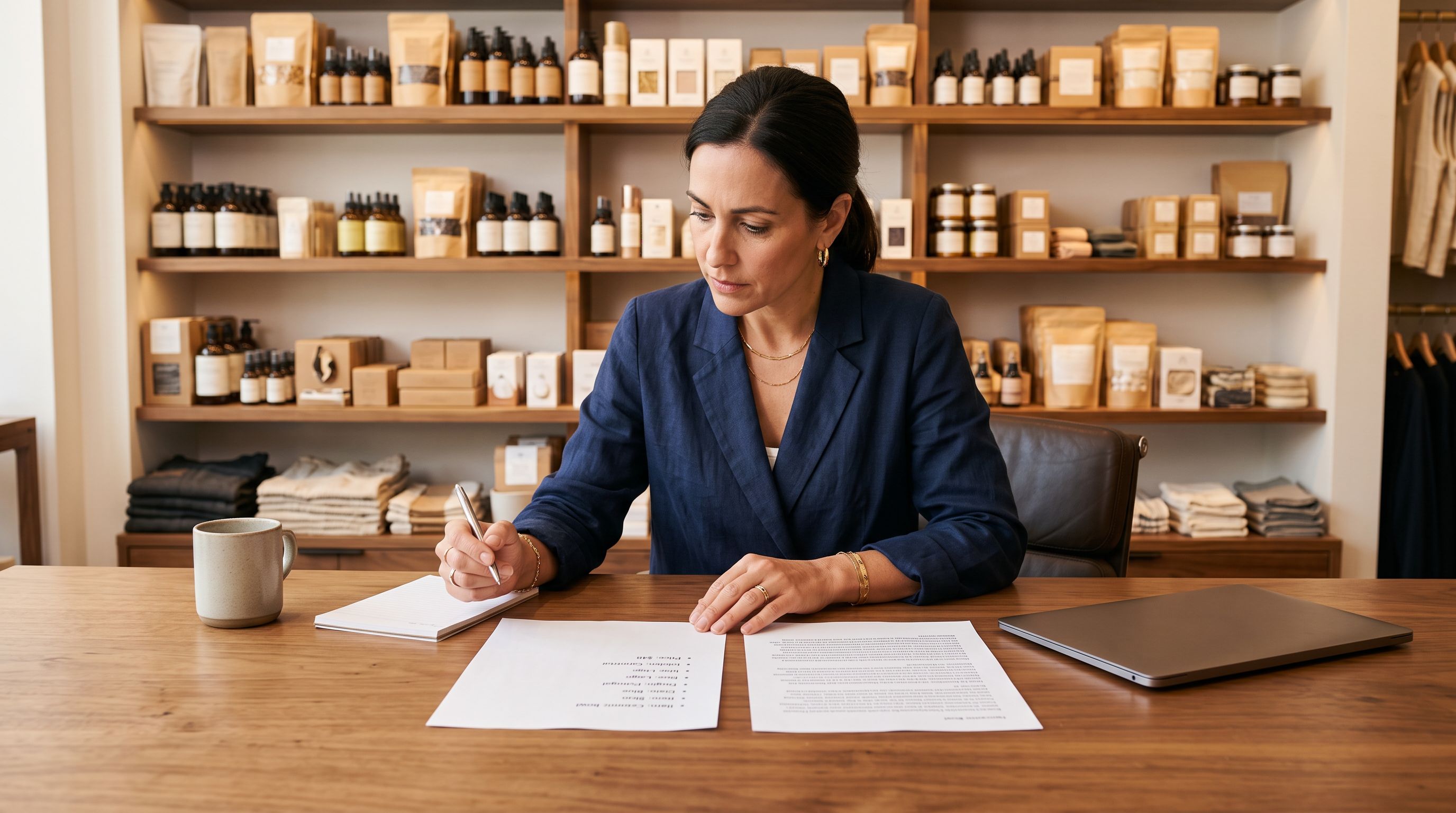 Retail merchant at a wooden desk reviewing two printed product listing sheets side by side with packaged consumer goods on a shelf behind.