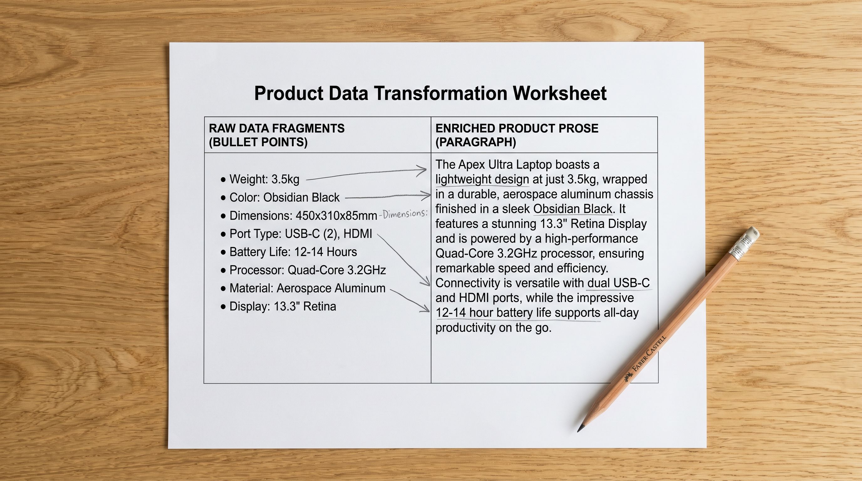 Printed product data transformation worksheet on a desk showing two columns side by side, the left column labelled with algorithm-focused bullet points and the right column showing narrative lifestyle descriptions rewritten for direct buyers.