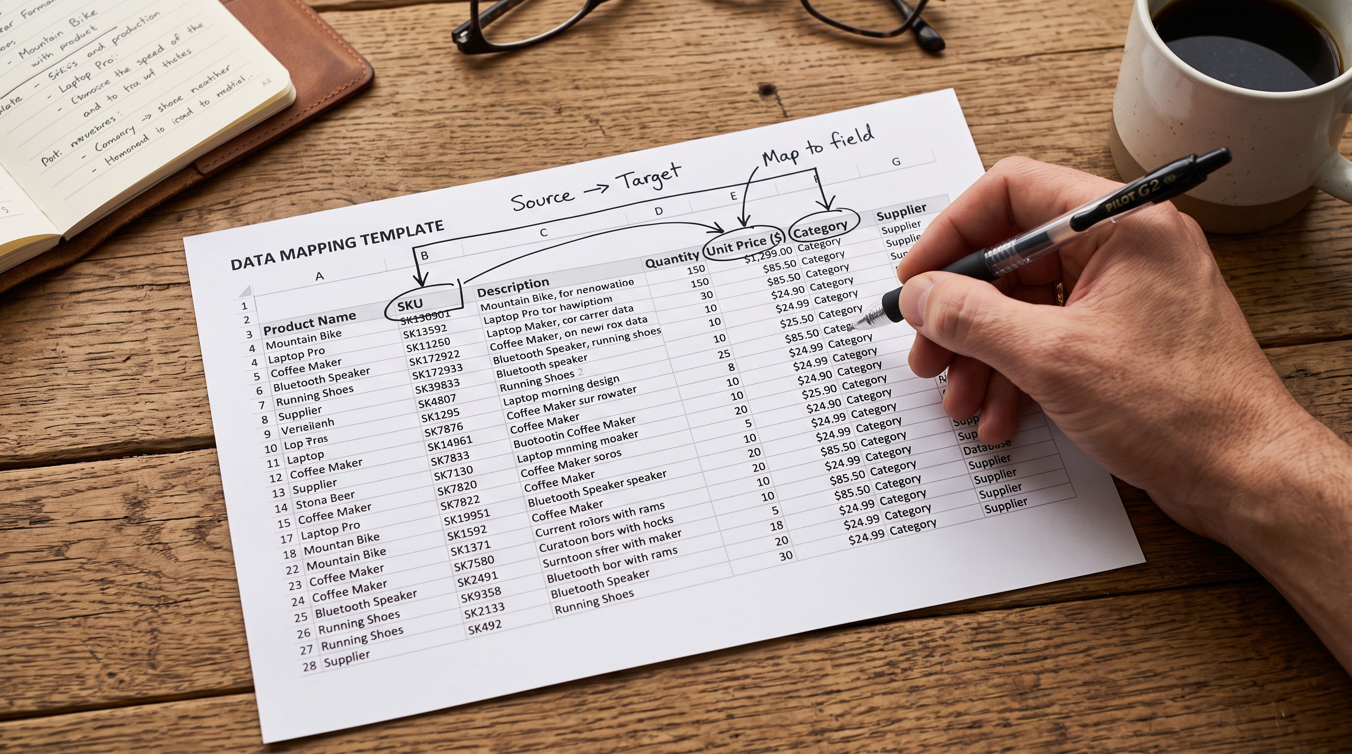 Printed product spreadsheet with handwritten column annotations on a desk during data mapping preparation