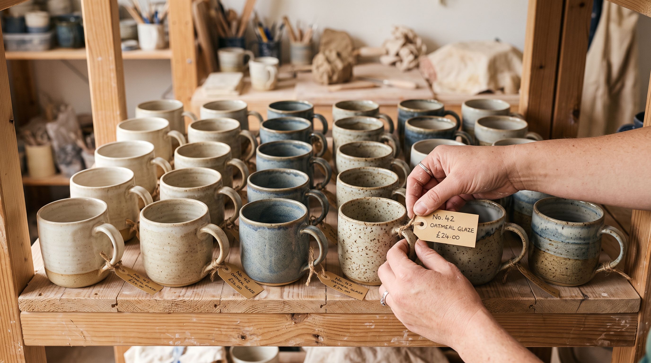 Craftsperson attaching handwritten product tags to rows of handmade ceramics on a timber shelf