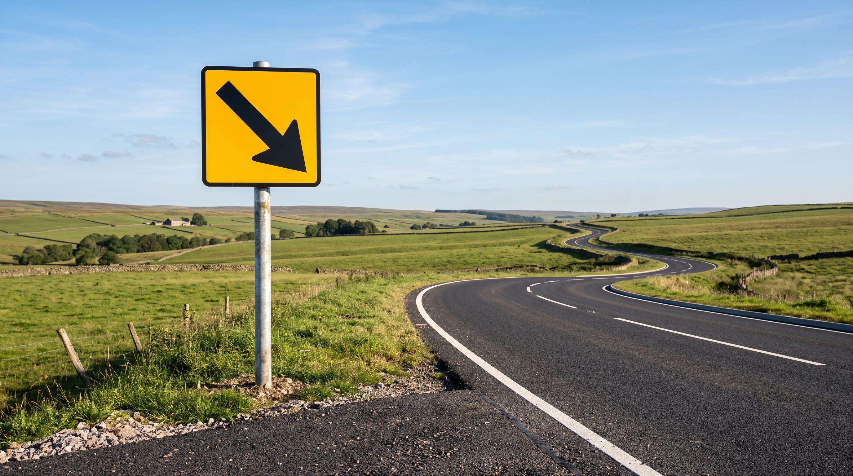 Yellow directional arrow road sign pointing toward a clear open road representing URL redirection to a new destination