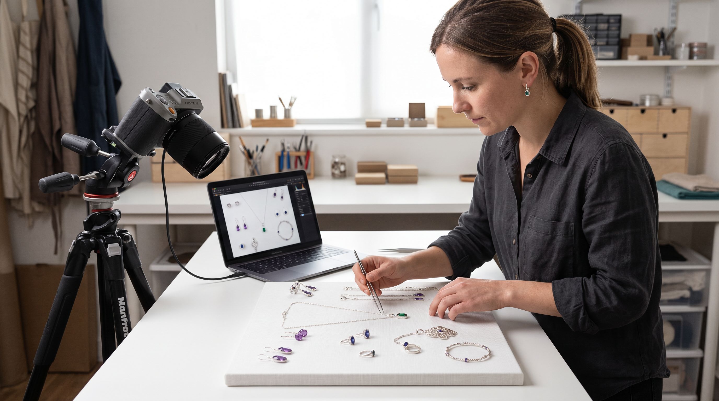 Independent artist arranging handmade jewellery on a display surface to photograph for an online store product catalogue