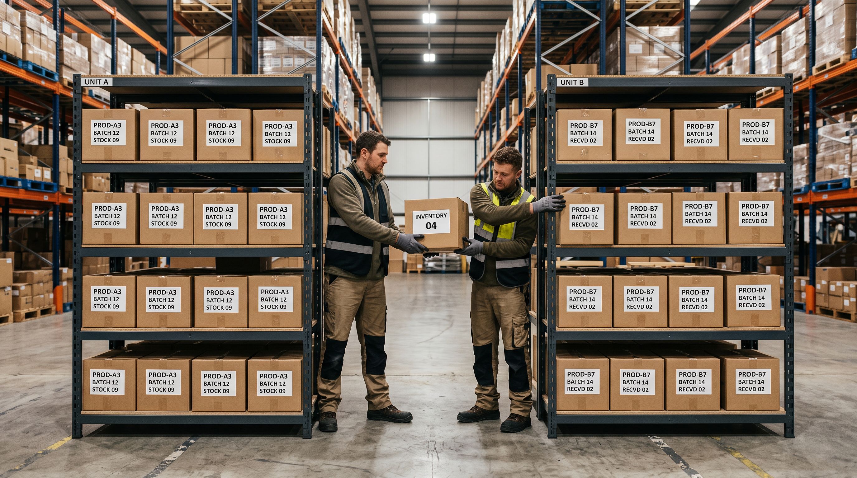 Two adjacent shelving units with products being transferred from one to the other by hand, showing a careful catalogue migration in progress.