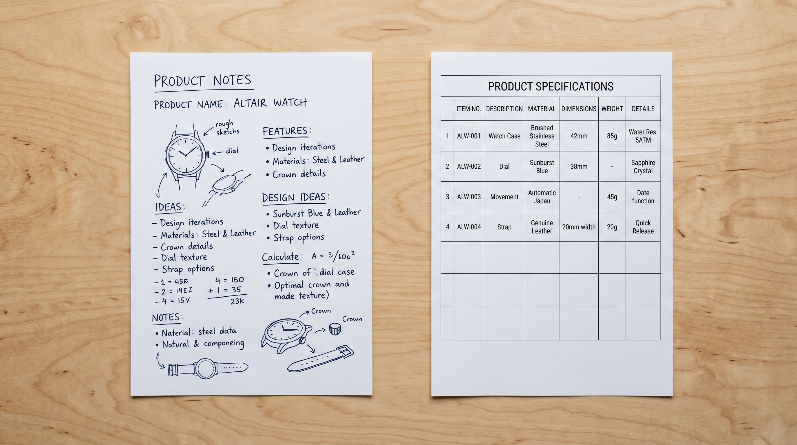 Two printed product information sheets showing informal notes alongside structured grid columns.