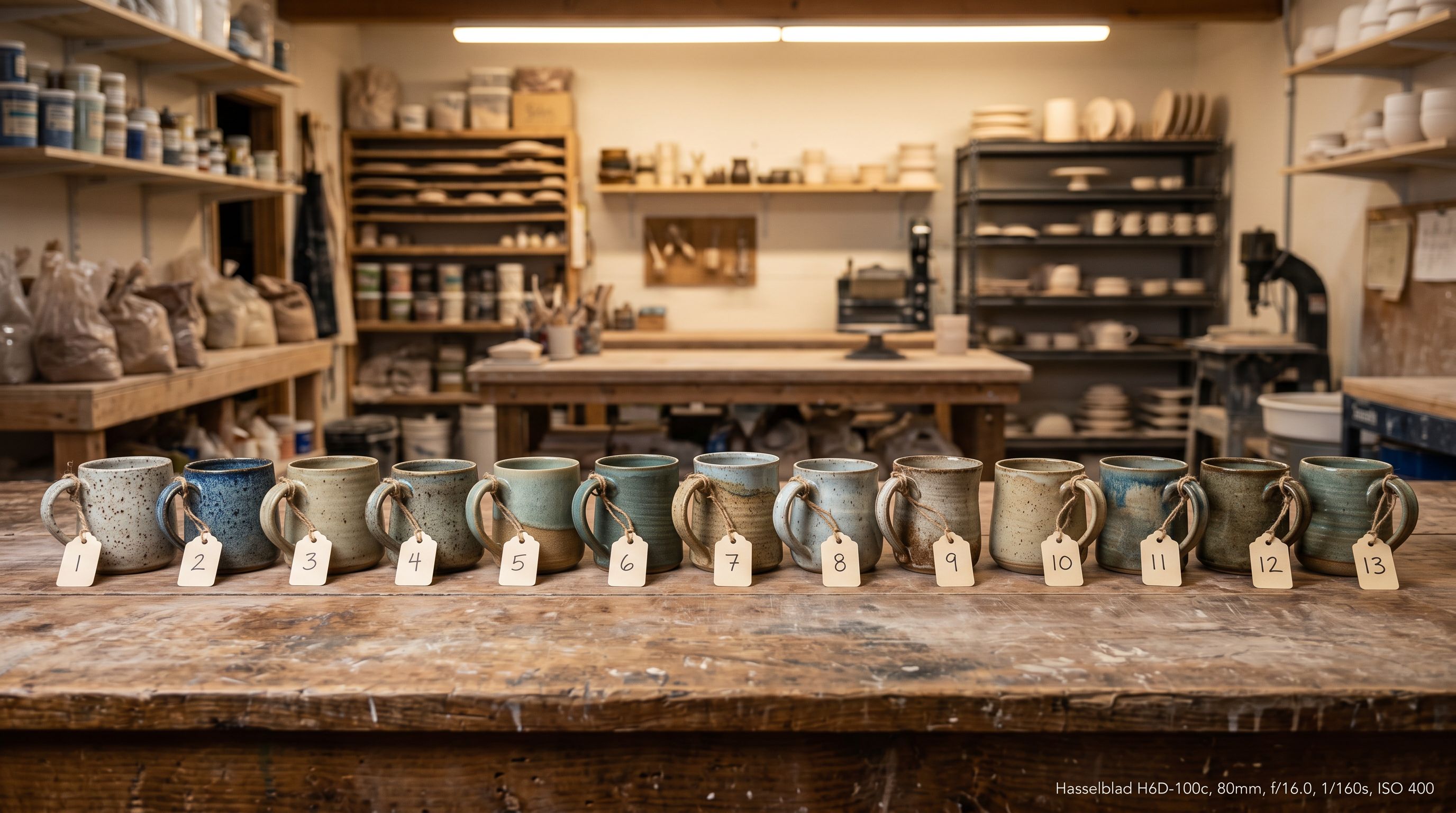 Handcrafted ceramic mugs lined in a row on a workshop bench with small numbered tags attached.
