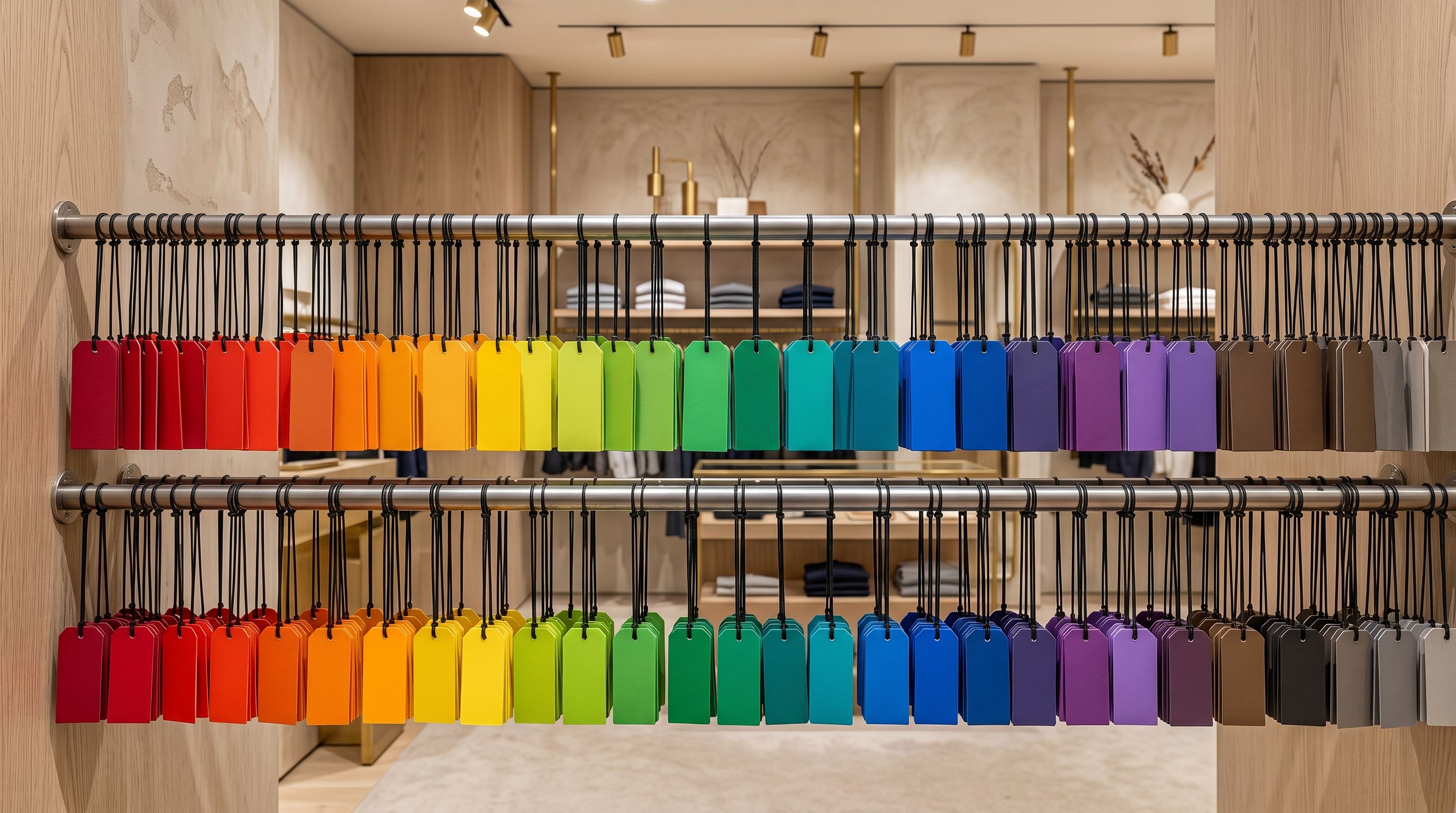 Rows of colour-coded swing tags on a boutique display rail grouped neatly by shade.