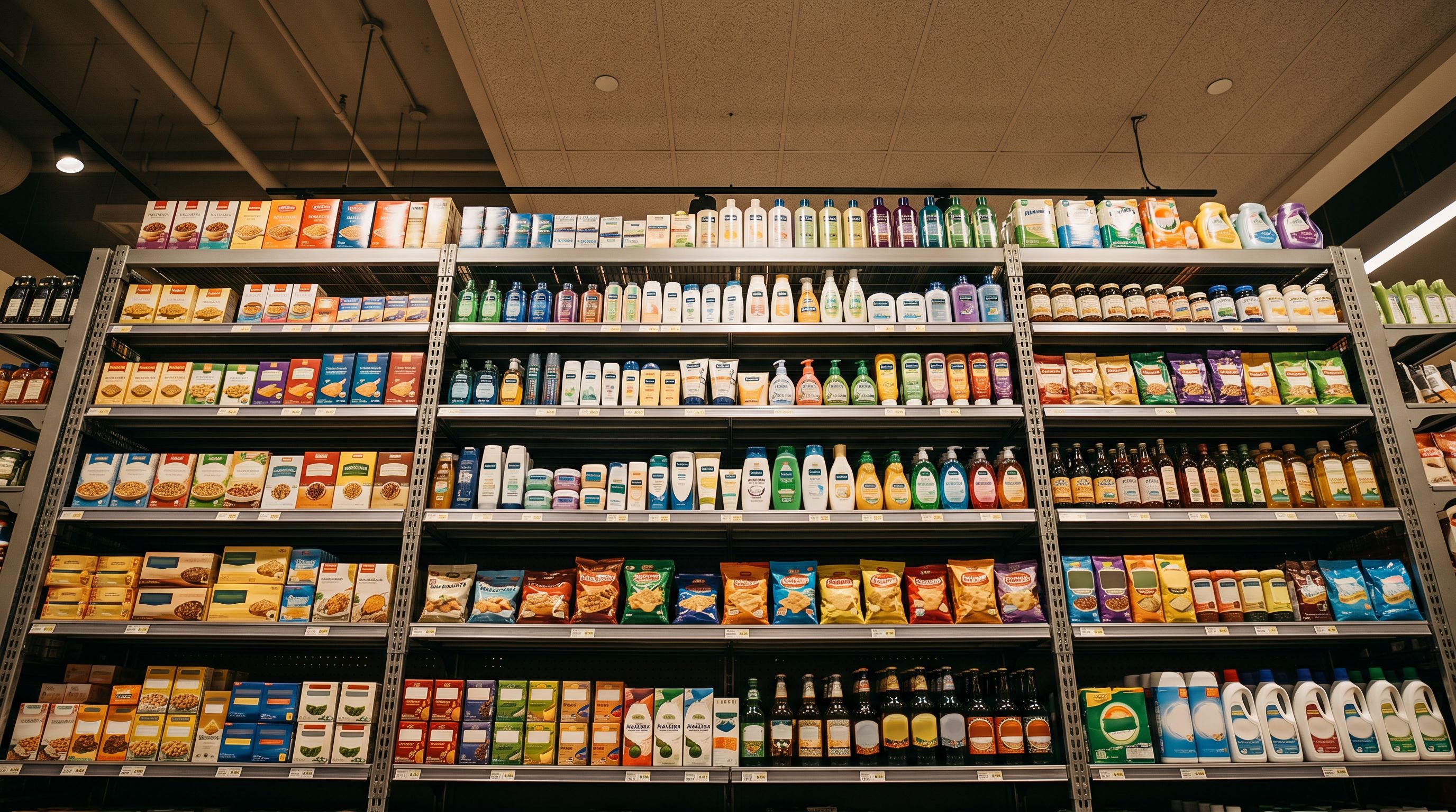 Retail store shelving units with products arranged neatly in rows, low-angle view looking up
