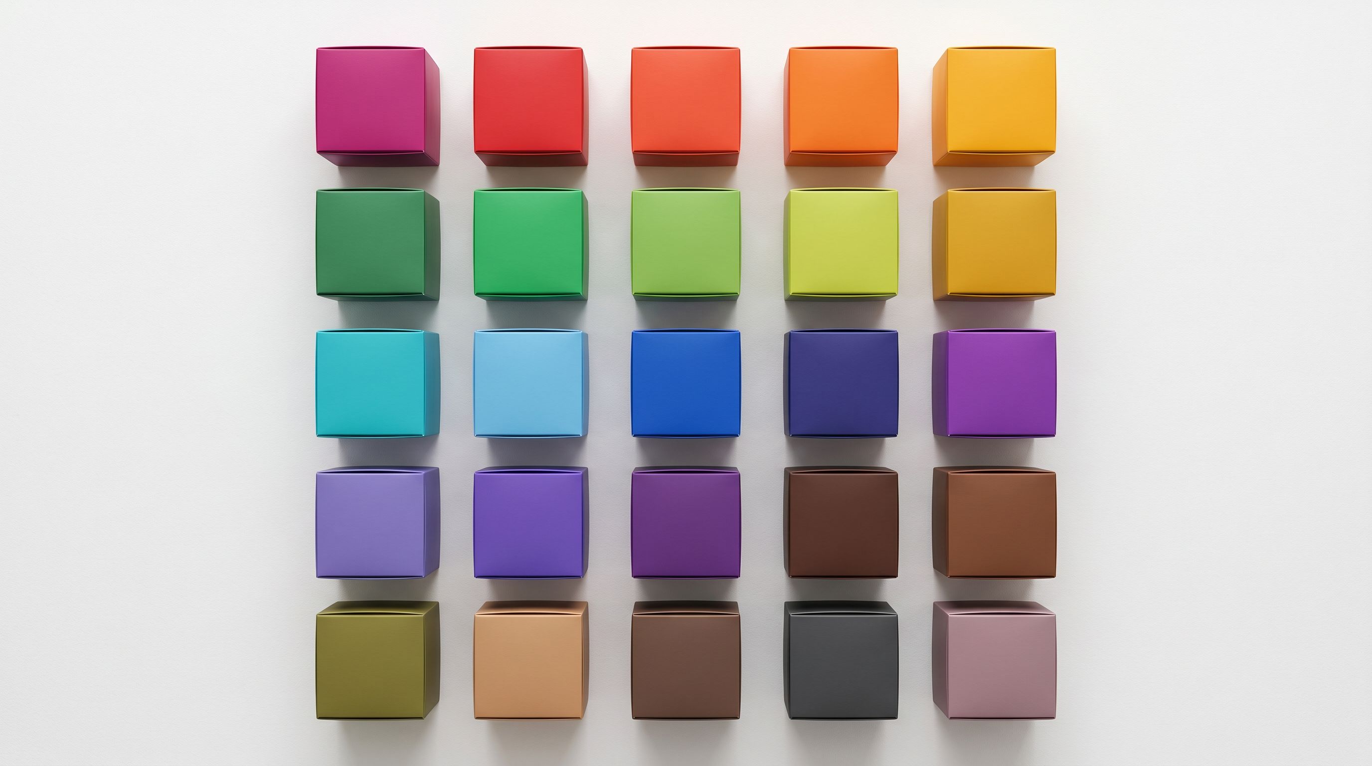 Identical product boxes arranged in a colour gradient grid pattern on a plain white surface