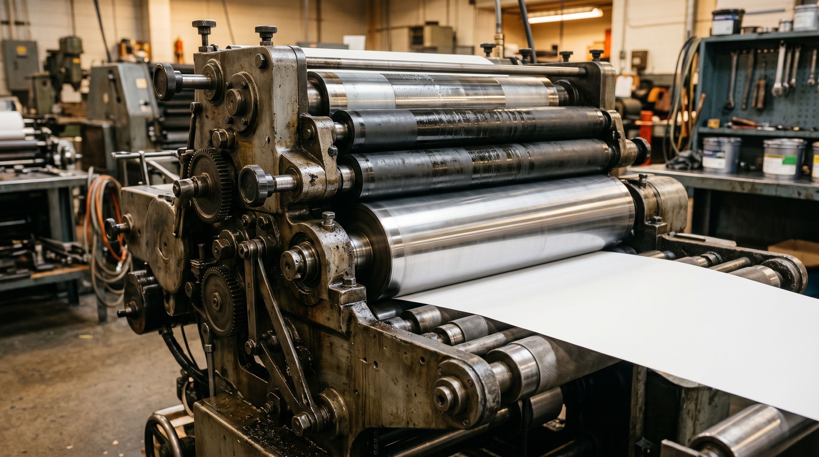 Commercial printing press roller mechanism pressing against a blank sheet, industrial workshop setting