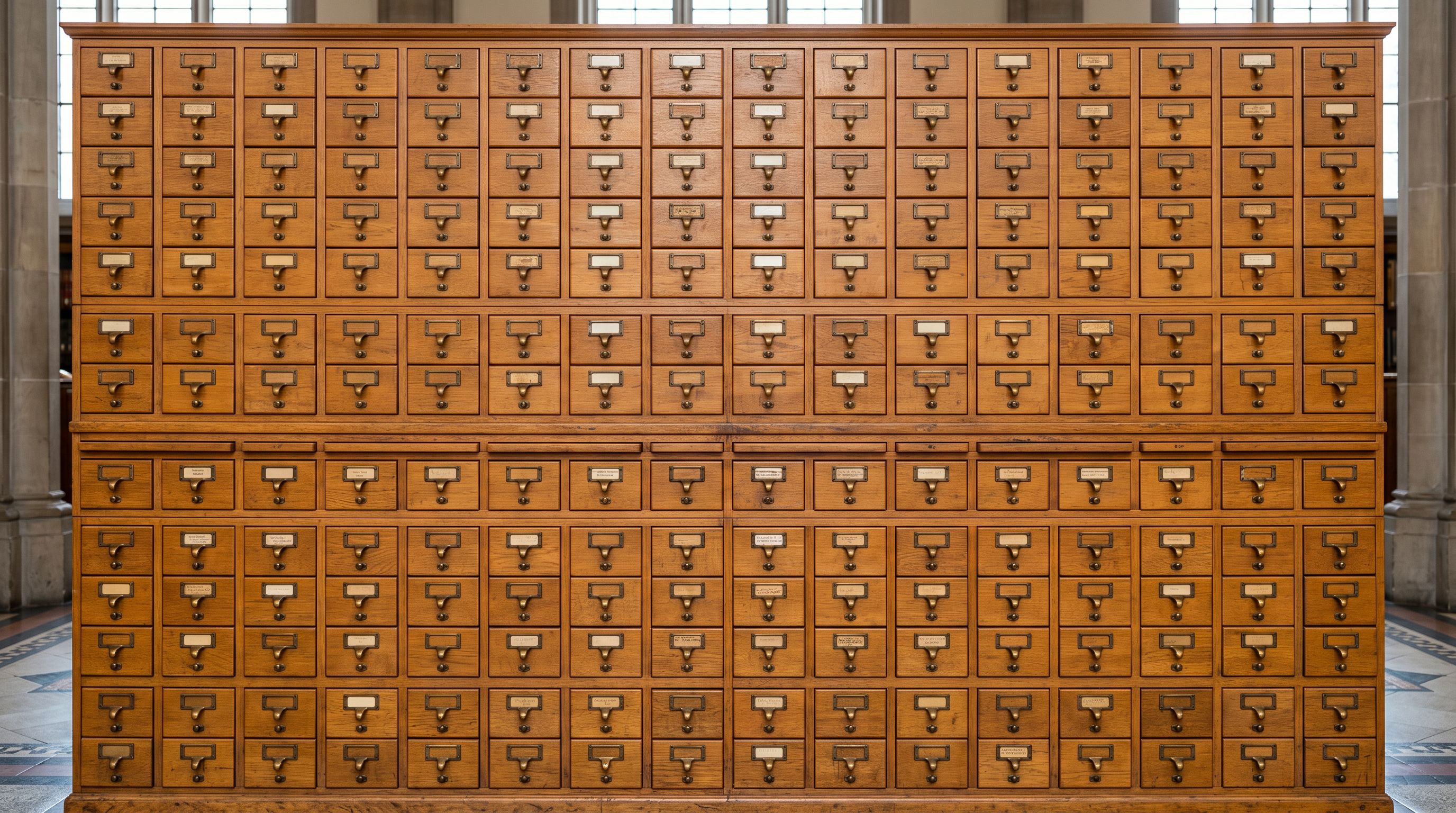 Wooden library card catalogue drawers arranged in a grid with small brass handles, warm amber wood tones