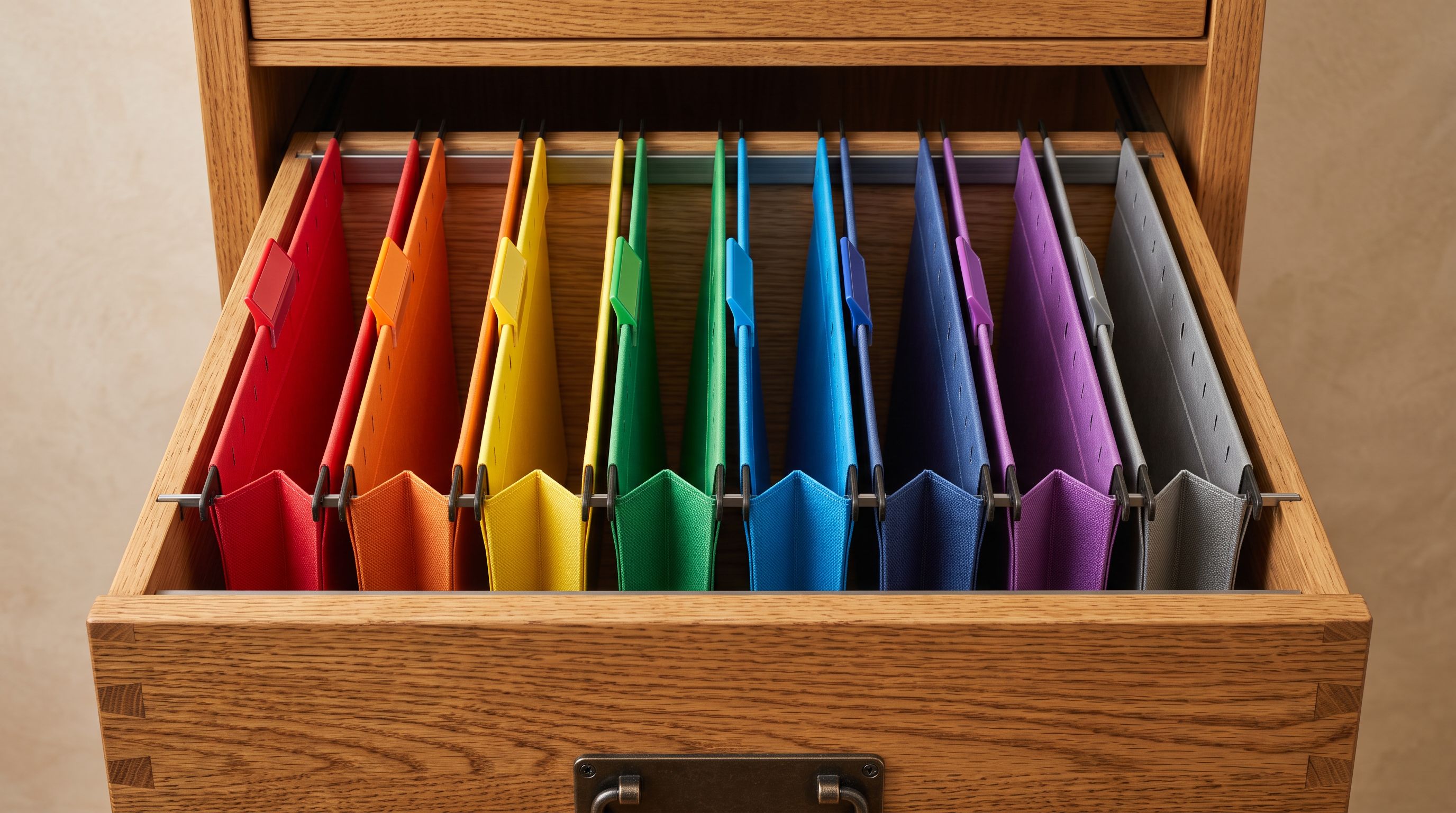 Eight labelled file folders arranged in a row on a timber desk, each with a different coloured tab and a printed label showing a data category.