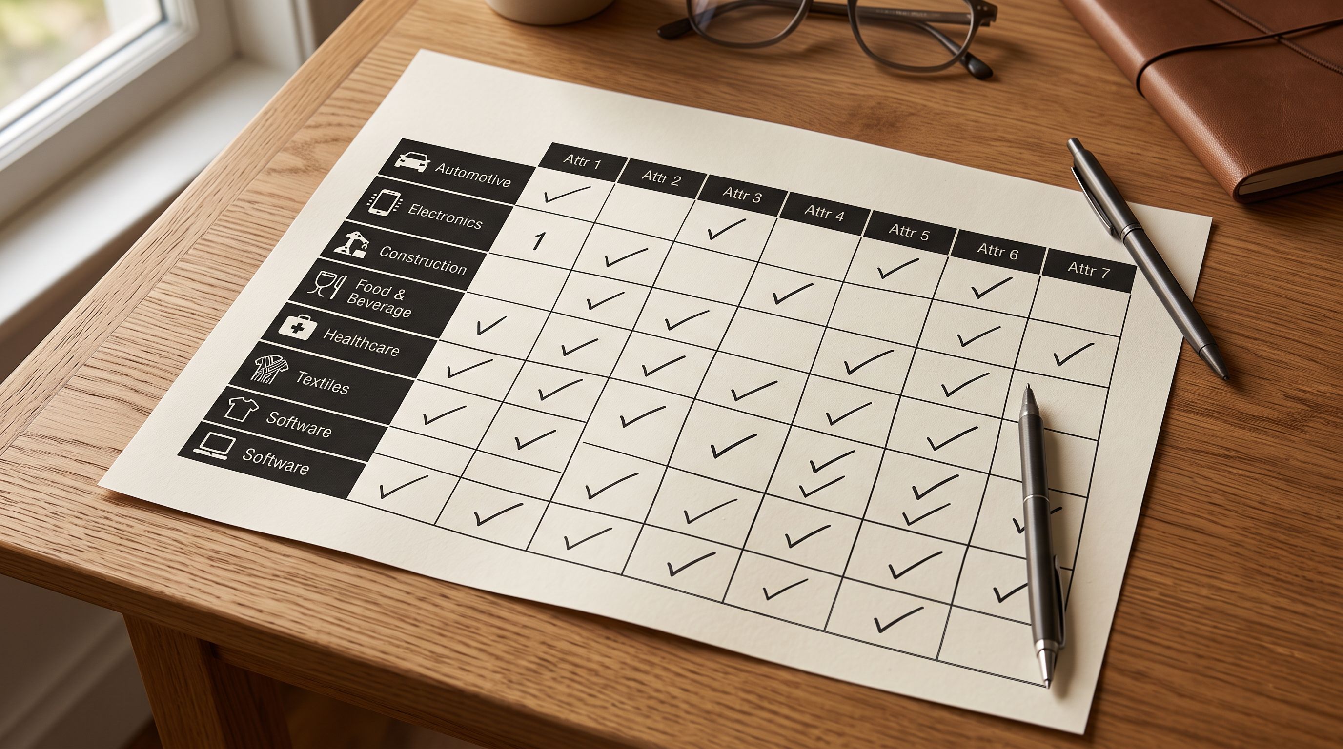 A printed product category decision matrix spread on a desk, showing rows of industry categories with tick marks beside each attribute type, representing the process of selecting the correct industry pack for a product catalogue.