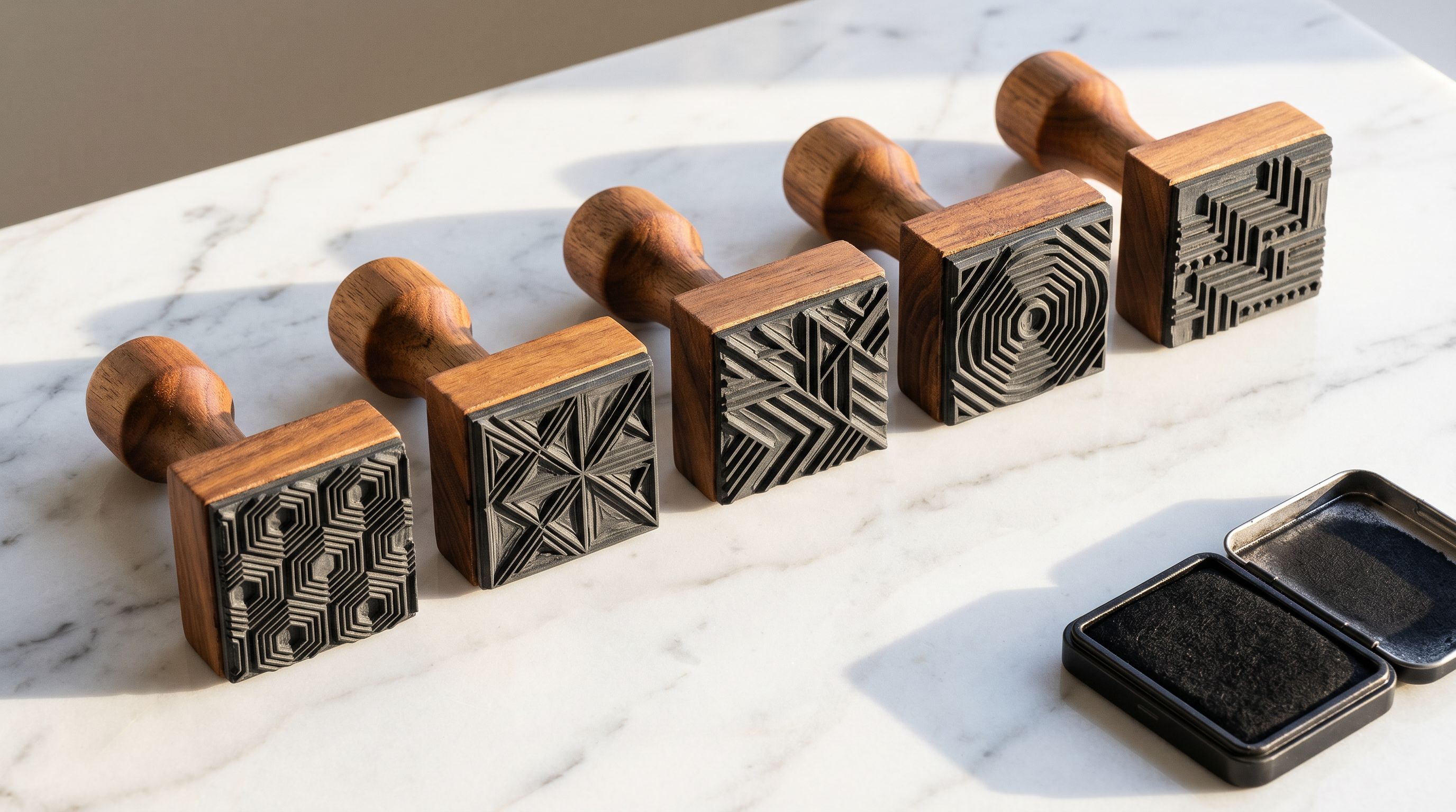 Five geometric rubber stamps arranged in a diagonal line on white marble, with an ink pad nearby.