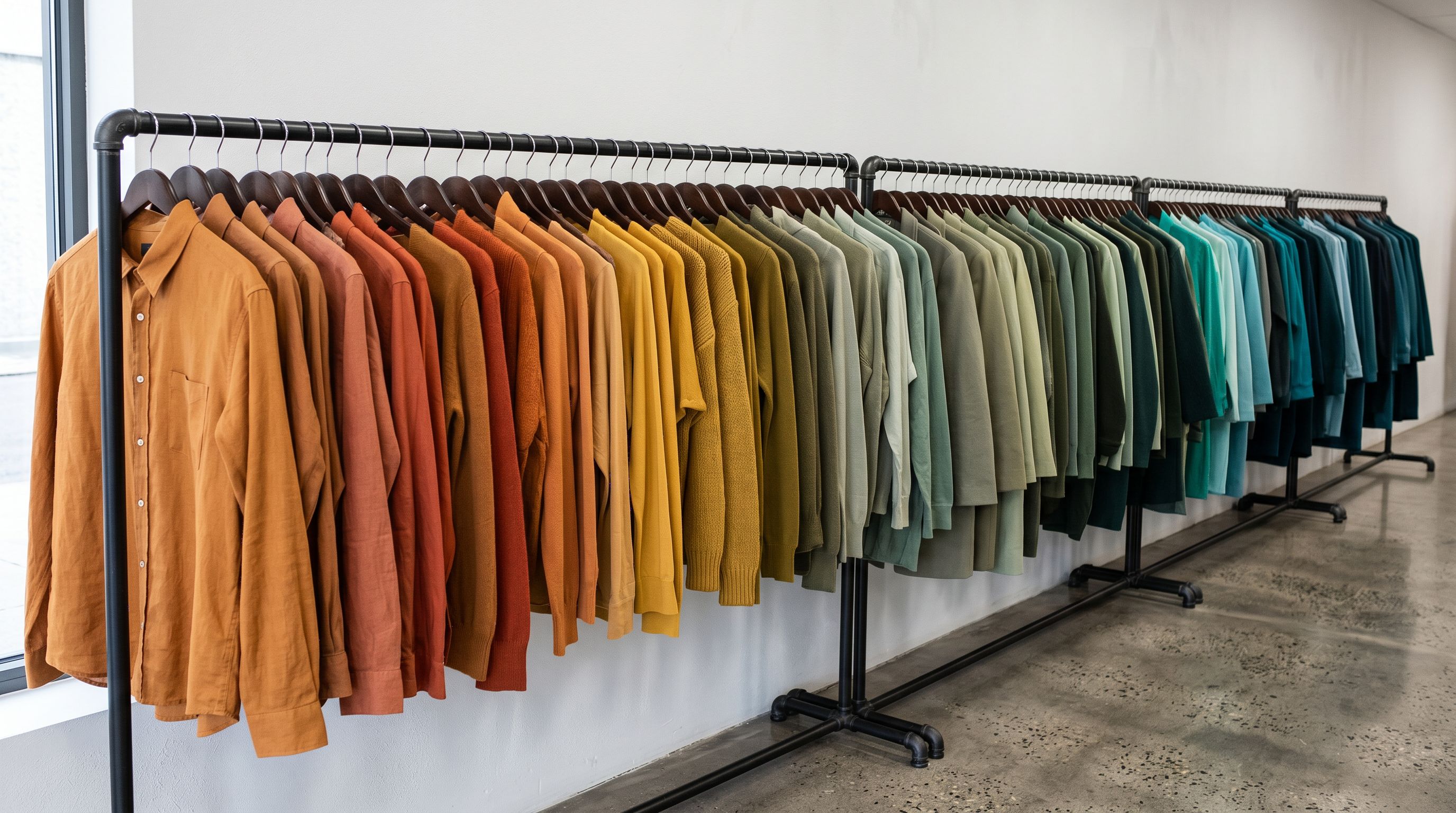 A retail clothing rail with garments sorted by colour from warm amber to cool teal.