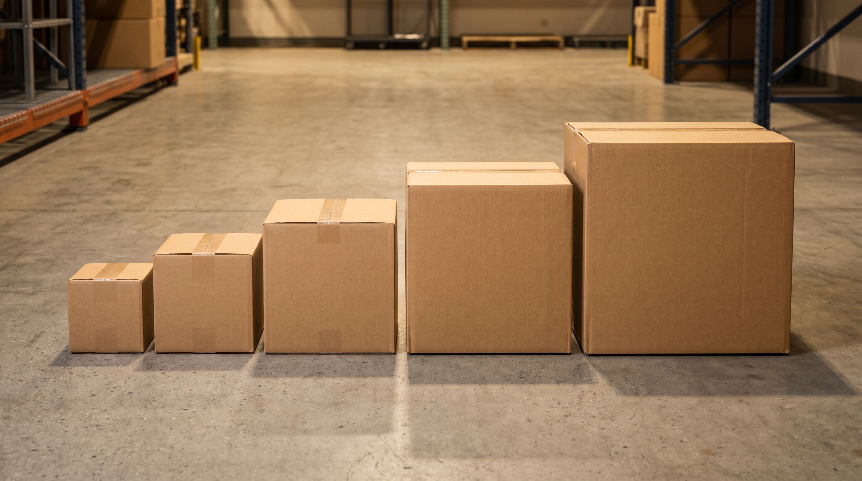 Five cardboard shipping boxes arranged in a staircase formation from smallest to largest.