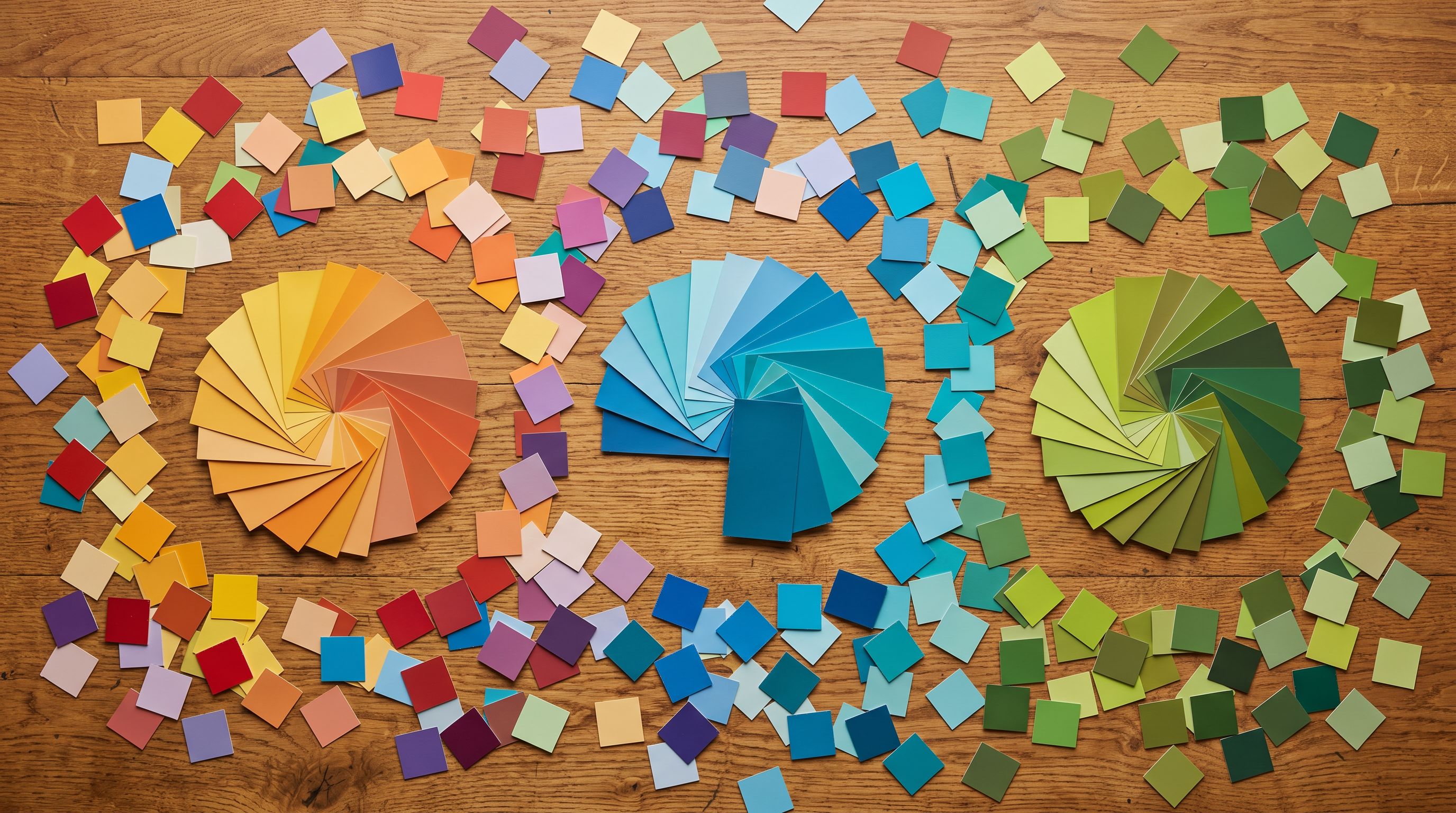 Paint colour chips scattered on a wooden surface with grouped clusters forming organised fan formations.