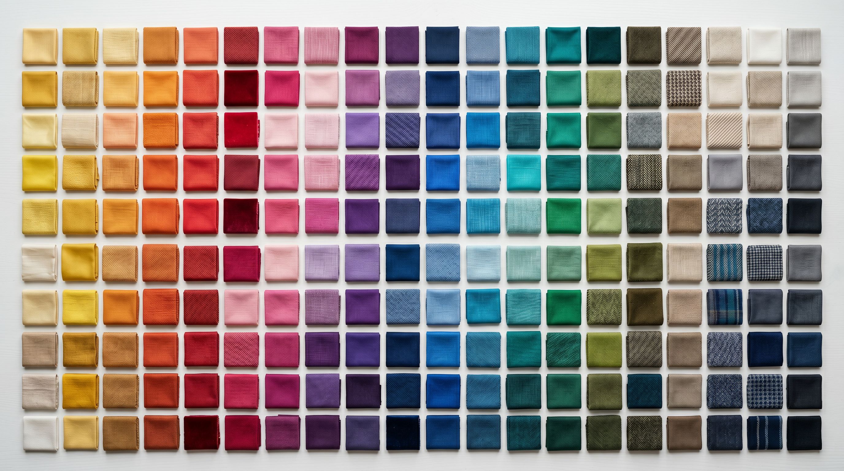 Rows of fabric swatches organised by colour and material on a white surface representing product variant categories.