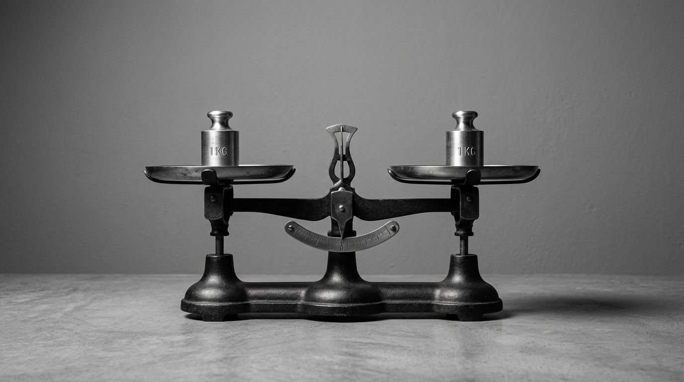 A precision industrial weighing scale with two platforms perfectly balanced, clean studio background, dramatic side lighting.