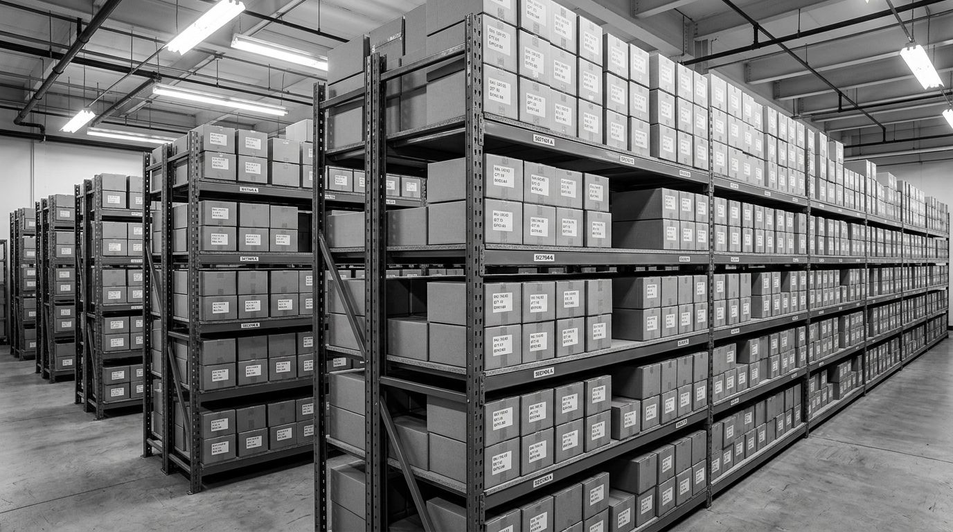 Rows of product boxes arranged on a warehouse shelf, each labelled and categorised by type, bright overhead industrial lighting.