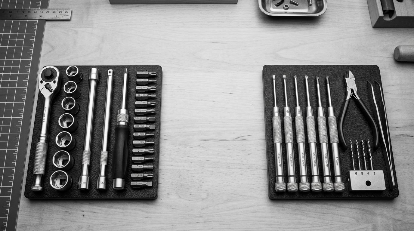 A close-up of two different tool sets arranged separately on a clean workbench, each in its own section, overhead workshop lighting.