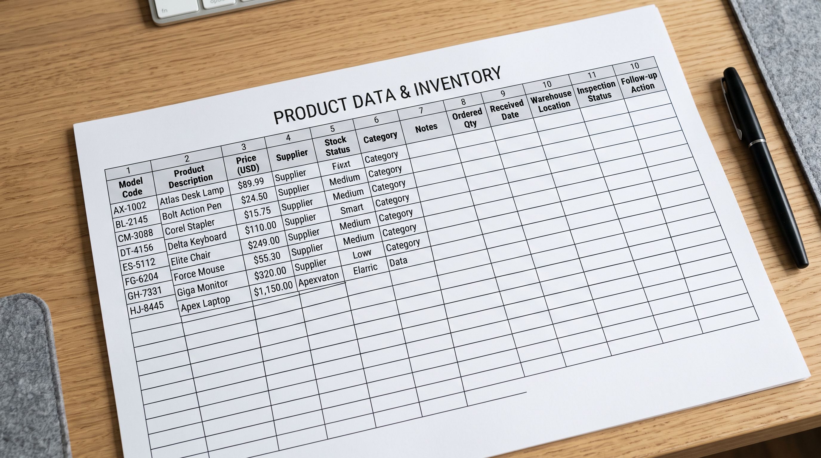 Printed spreadsheet document on a white desk showing a product list with columns for product model, price, and image filename but empty attribute columns beside each row.