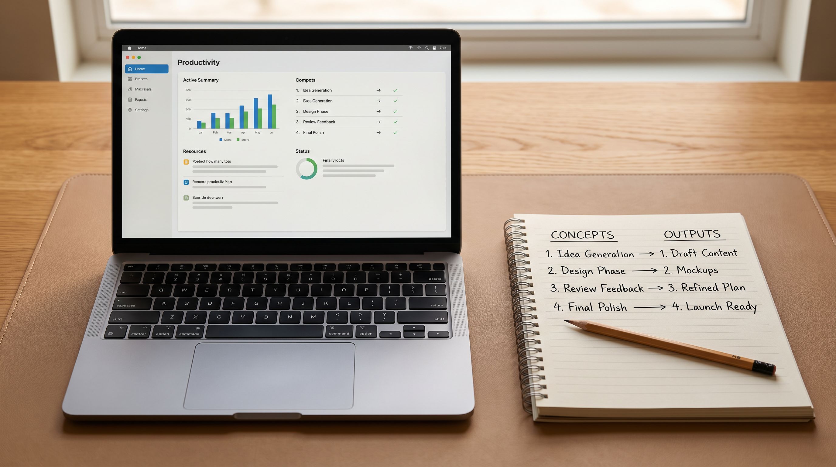 Open laptop on a clean wooden desk beside a notepad showing a hand-drawn table with source column names on the left and Shopify field names on the right connected by arrows.