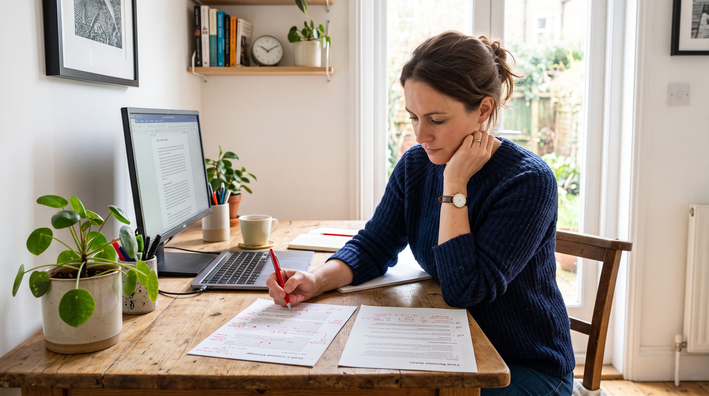 Professional at a home office desk reviewing two printed A4 documents side by side, making notes with a pen in a bright naturally lit room.