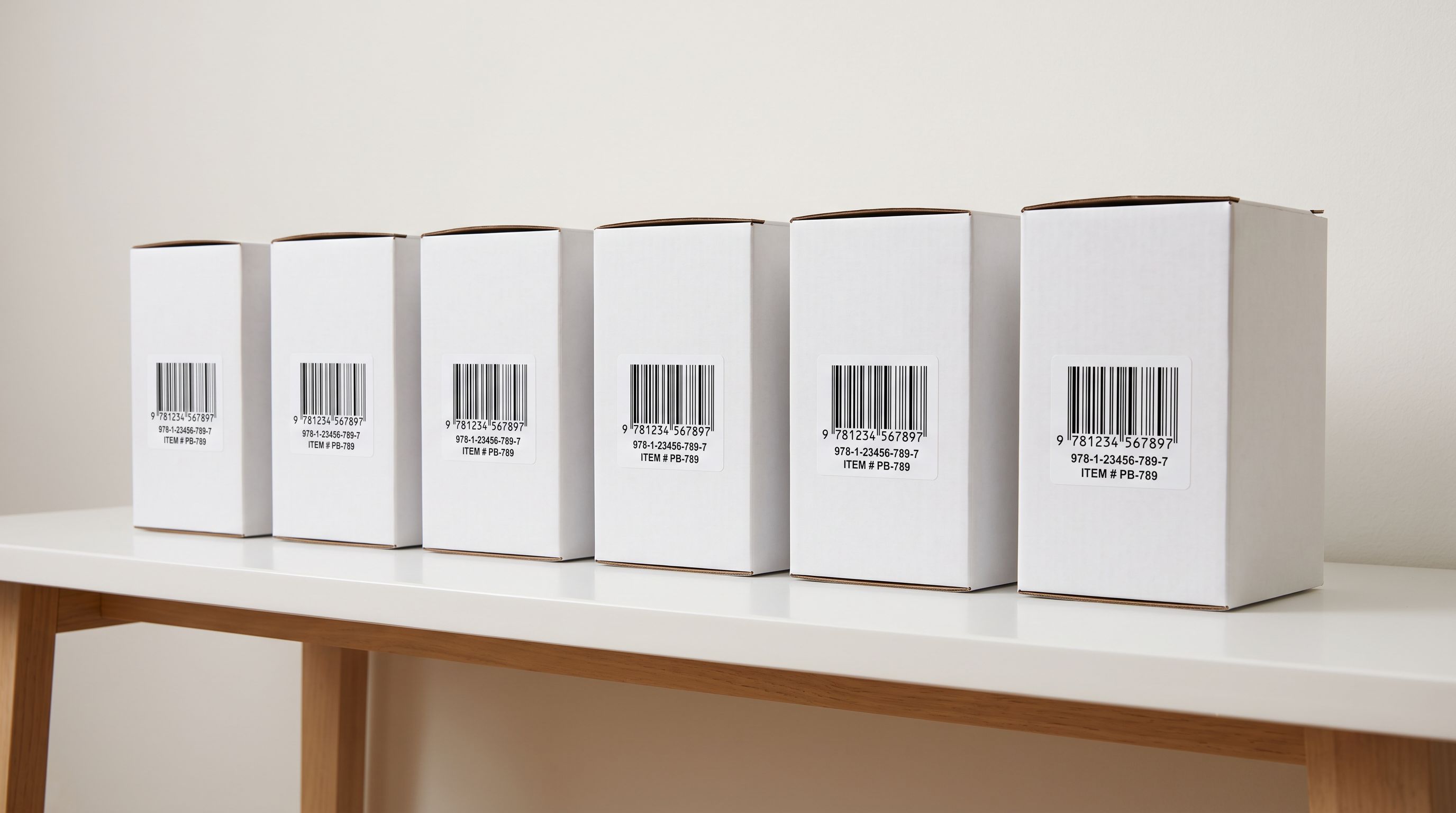 Close-up of multiple product barcode labels on cardboard packaging arranged in a row on a white surface under bright studio lighting.