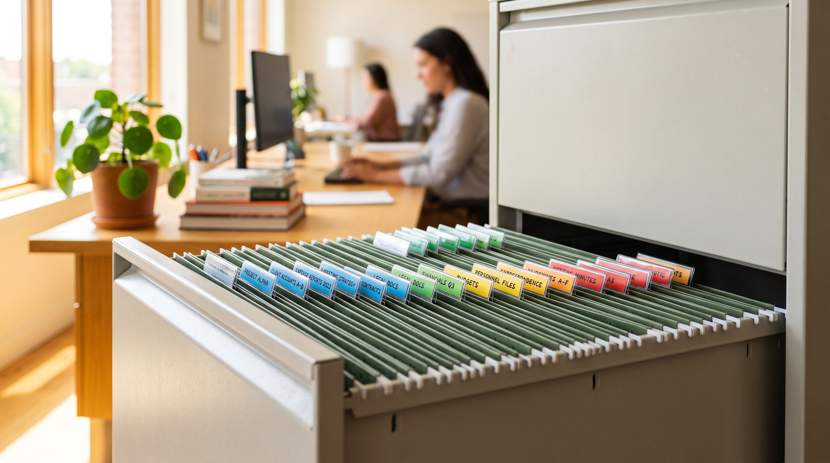 Neatly arranged product category folders in a filing cabinet drawer with labelled tabs visible under bright office lighting.