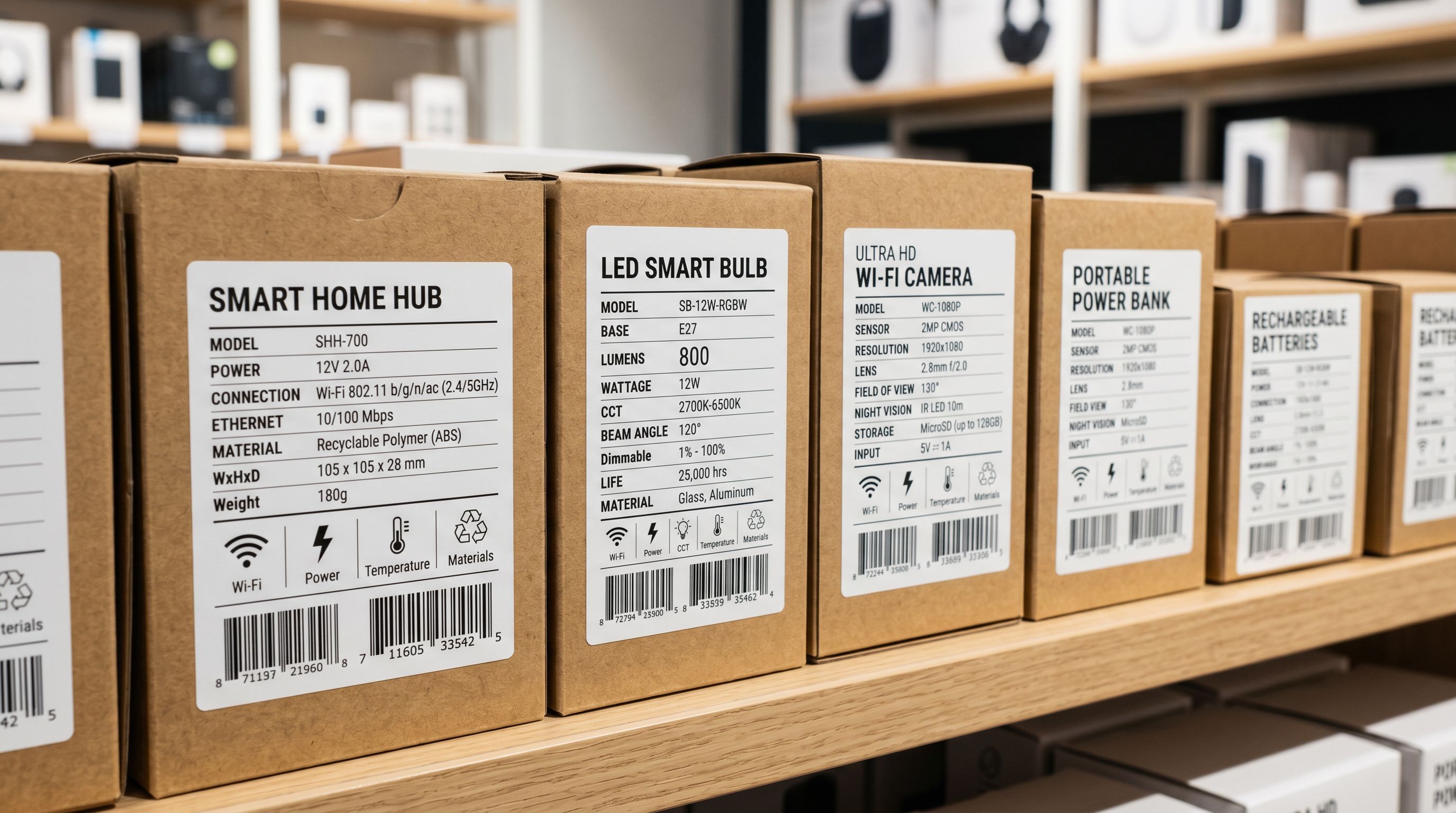 Technical specification labels on consumer product packaging showing performance ratings and material composition.
