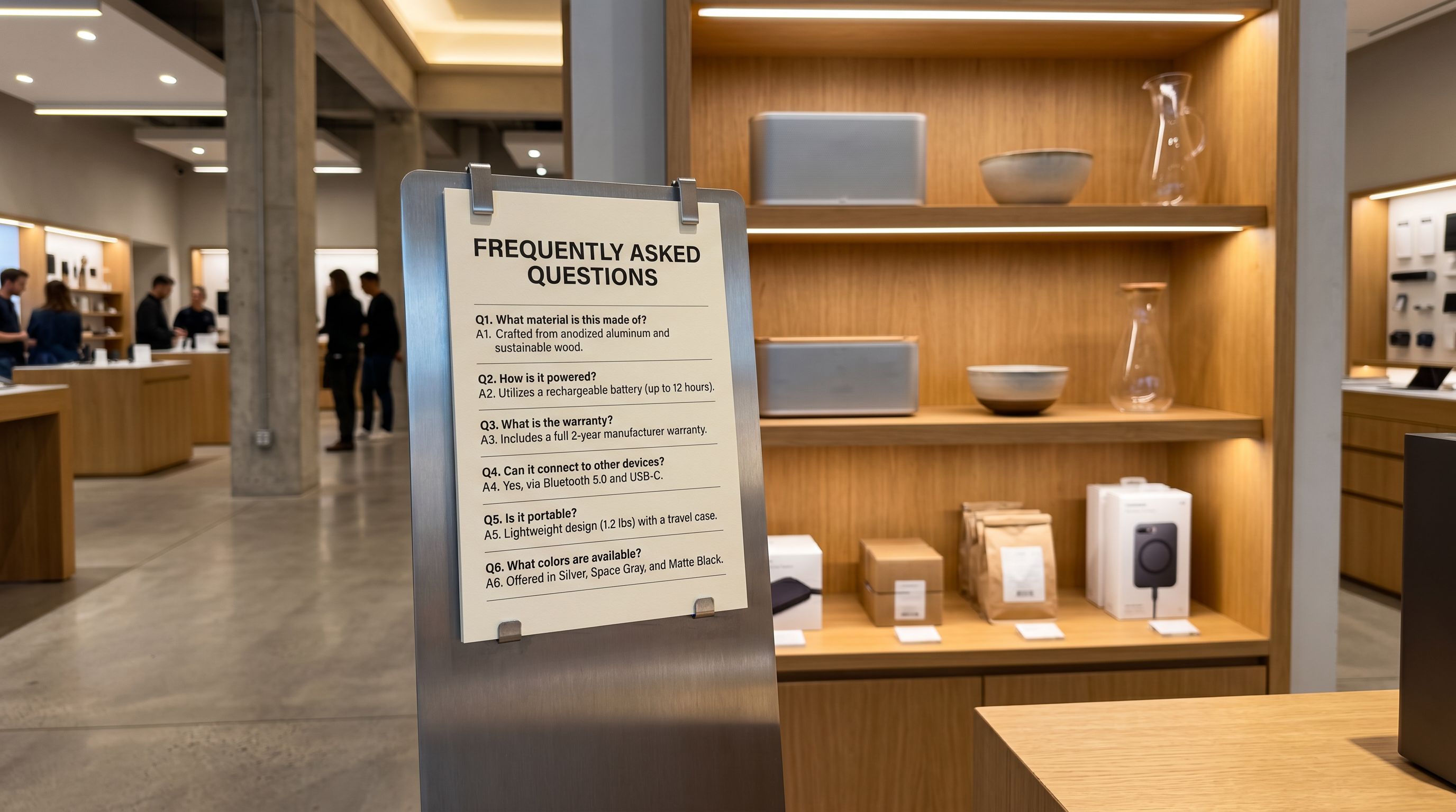 A printed FAQ card attached to a product display stand in a modern showroom with merchandise arranged behind it.