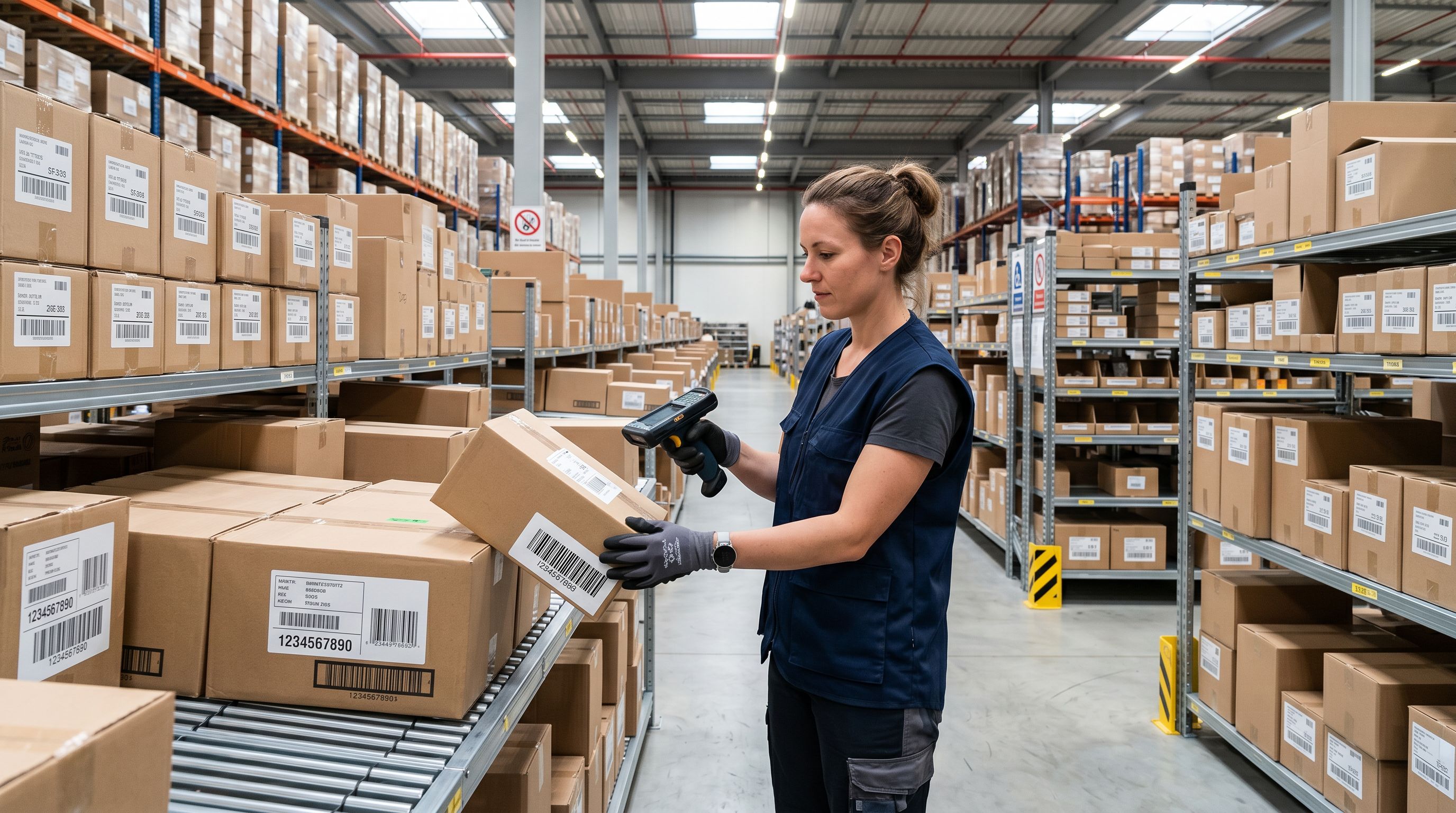 A warehouse worker scanning a barcode on a product carton with a handheld scanner among shelved merchandise.