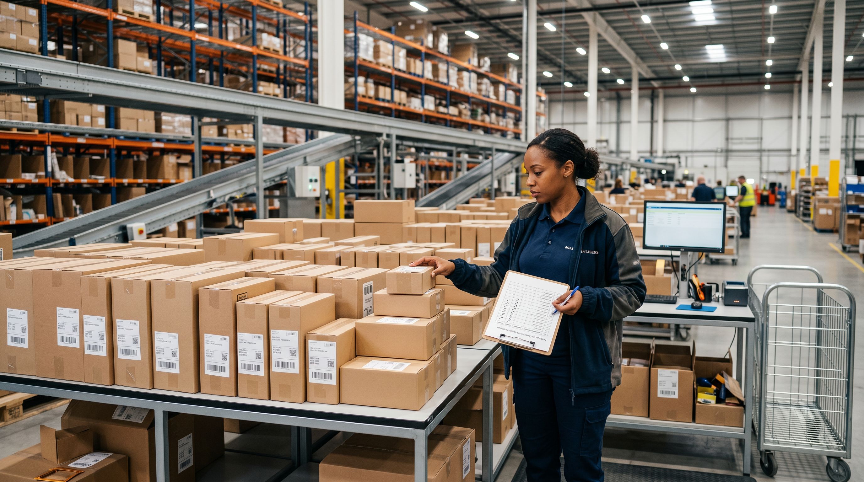A quality inspector evaluating boxed consumer products on a sorting table against a printed specification checklist.