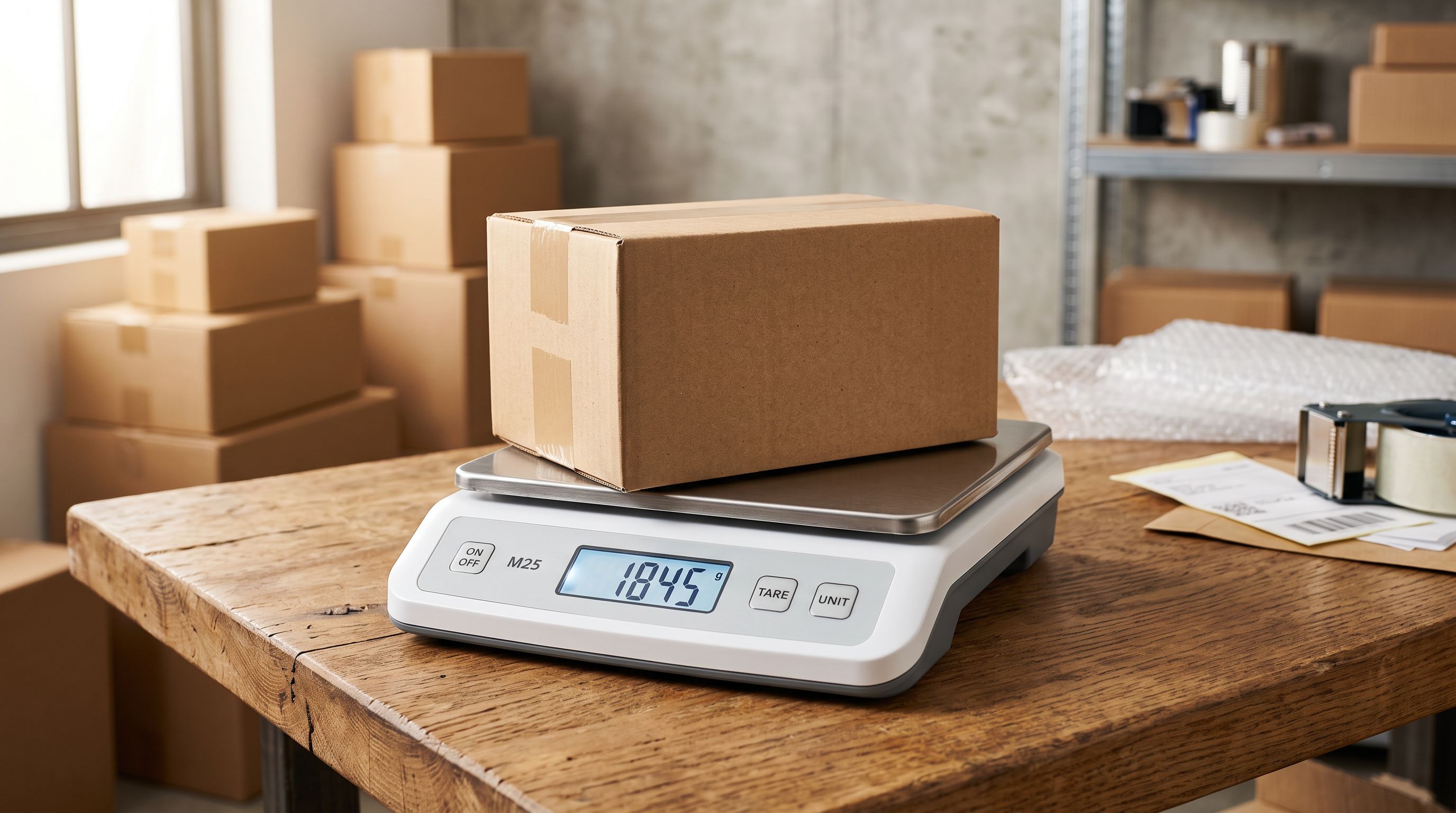 A warehouse worker scanning barcodes on a row of product boxes lined up on a metal shelf