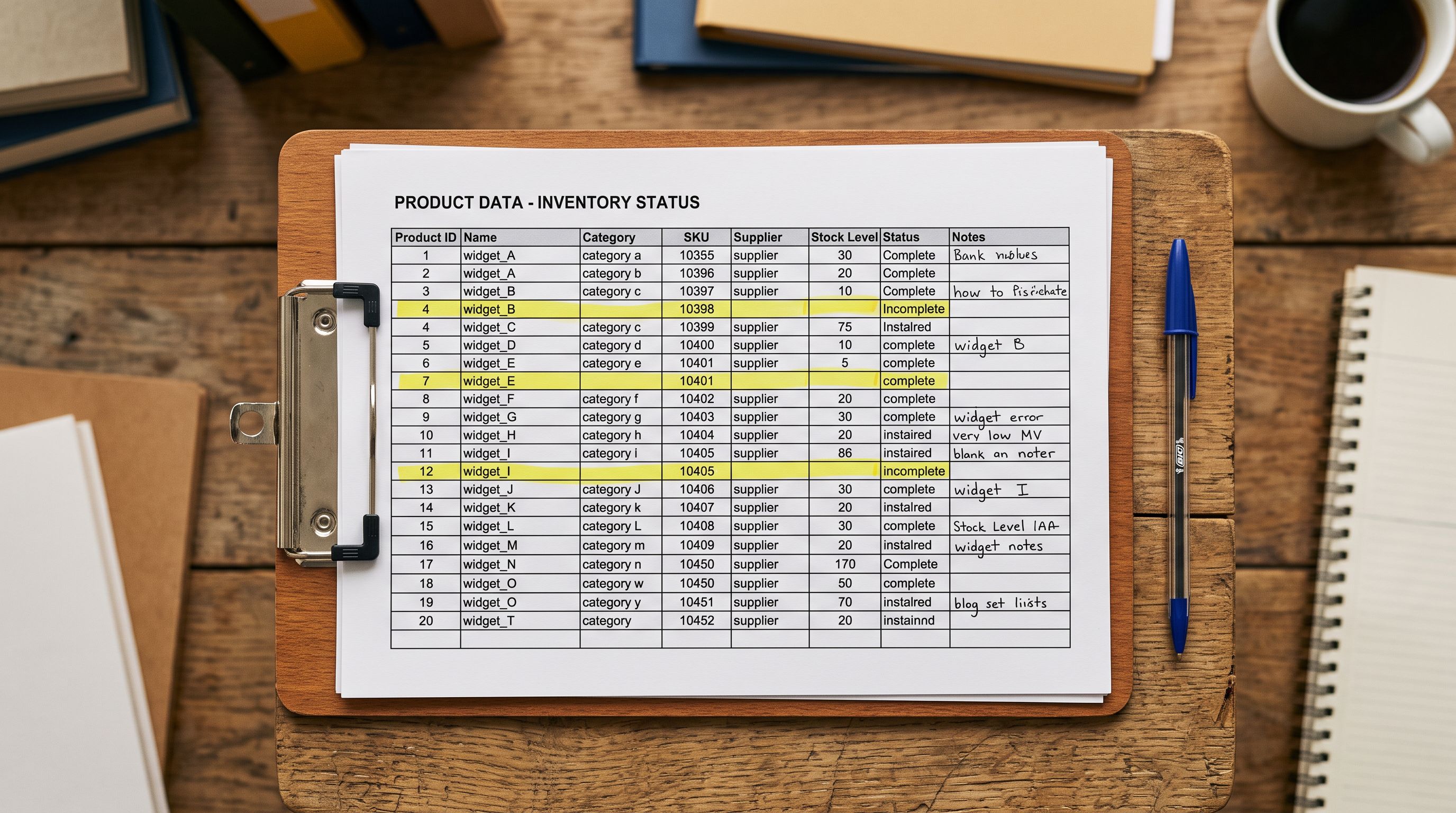 A printed product data spreadsheet on a clipboard with several rows highlighted in yellow marking products with missing data fields