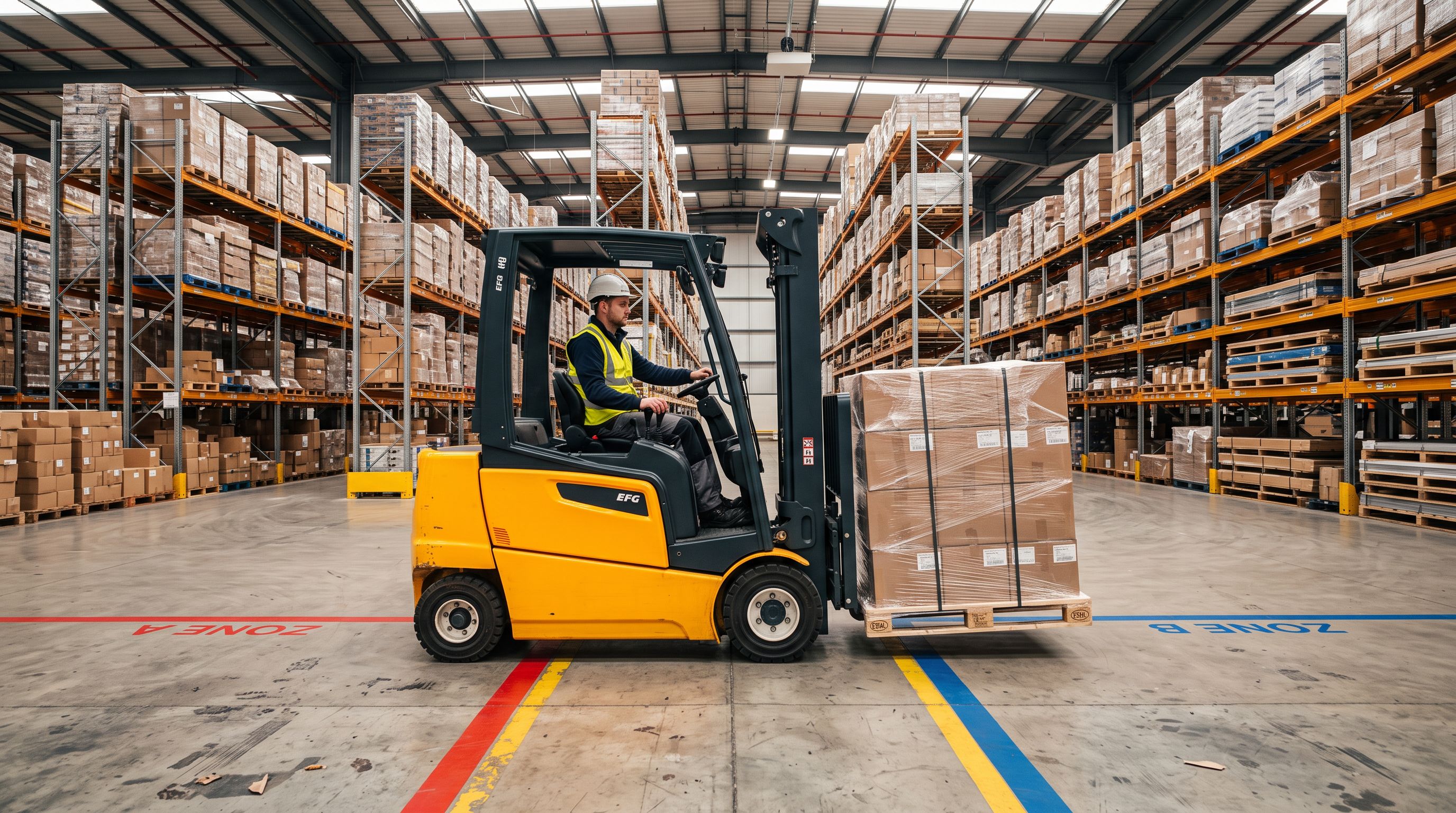 A yellow forklift moving a pallet load between two warehouse zones marked by different coloured floor tape