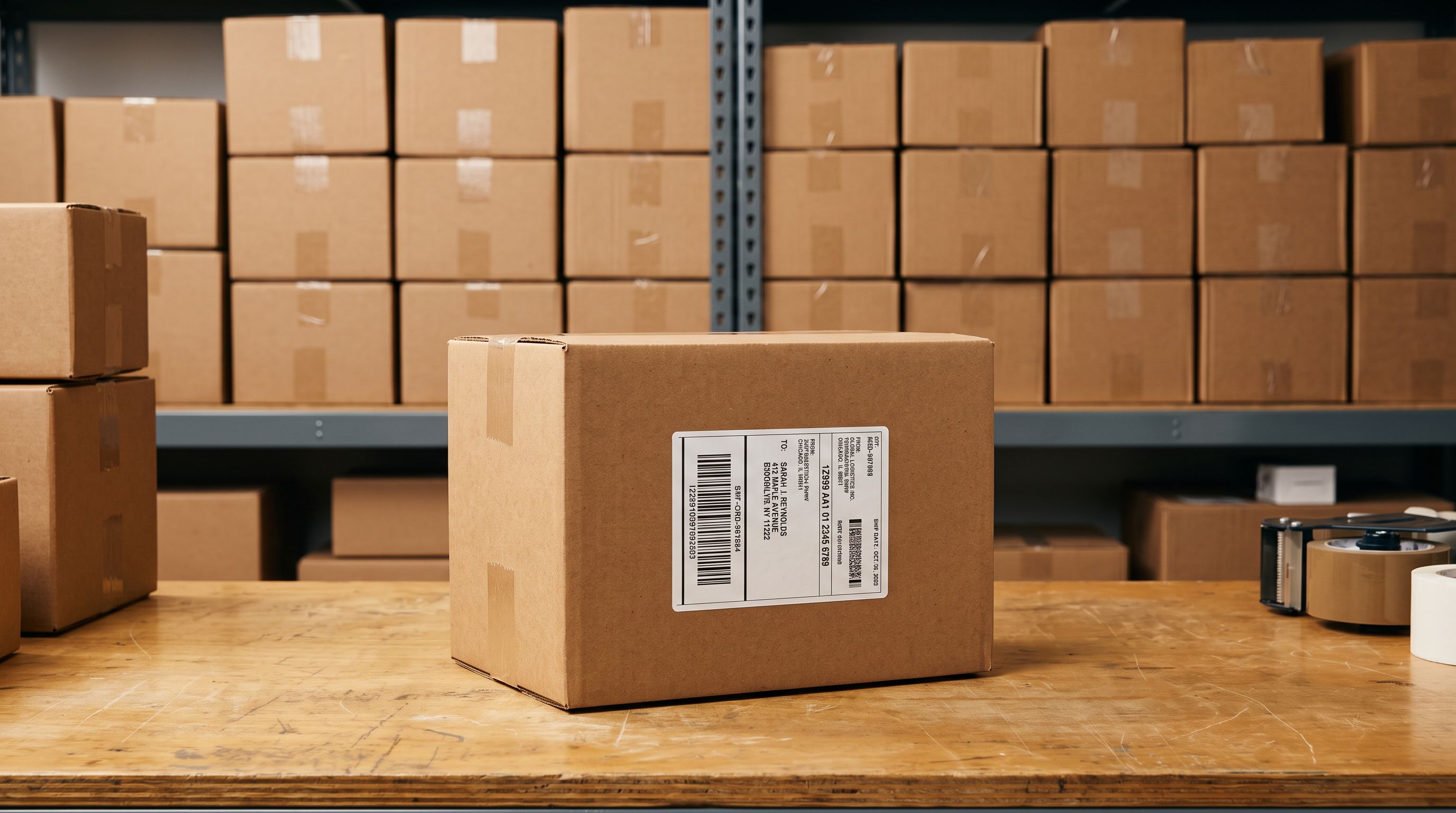 A printed shipping label with a barcode affixed to a sealed brown cardboard box on a dispatch bench with additional sealed boxes stacked behind it
