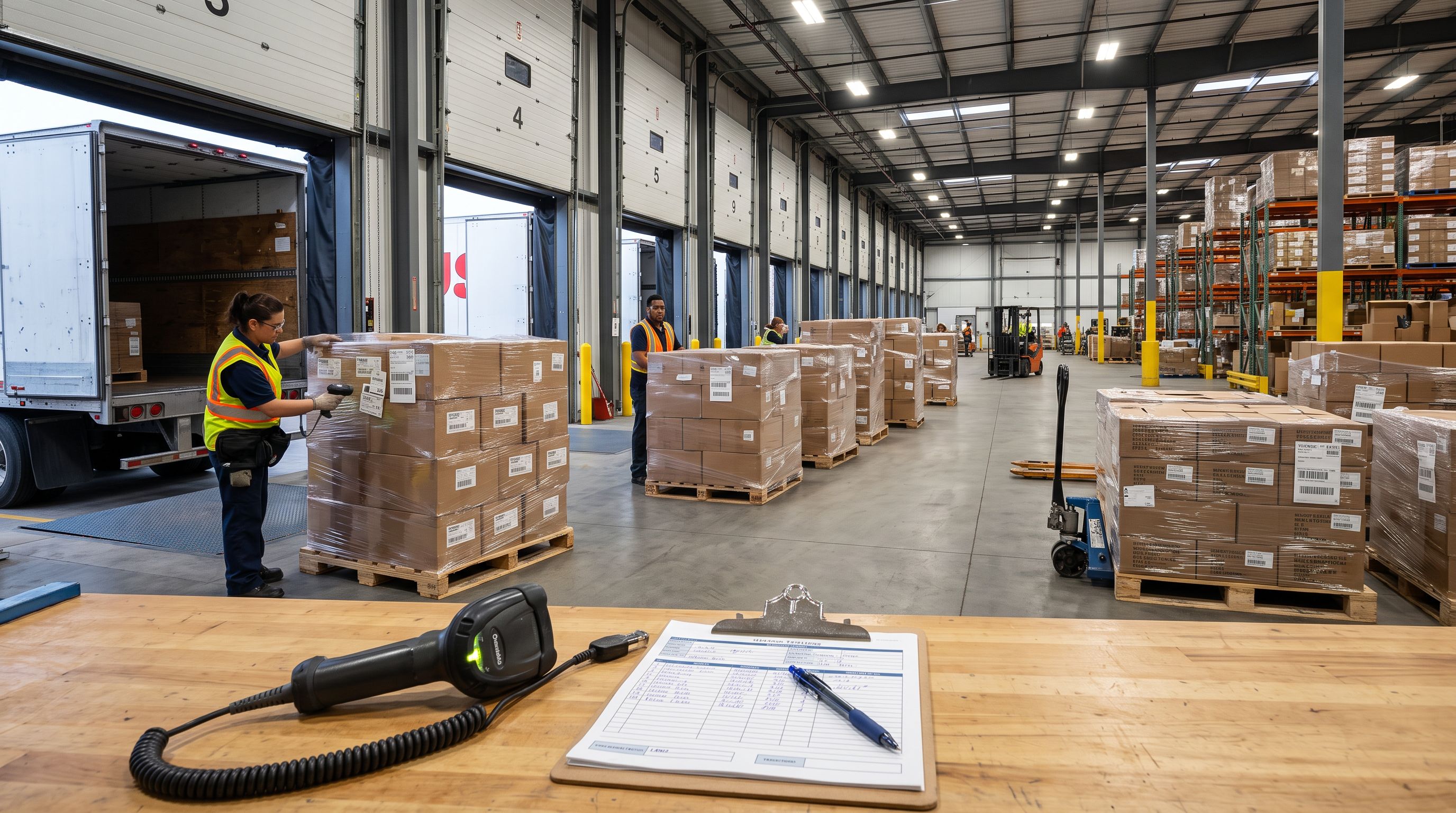 Loaded pallets of boxed goods queued at a modern warehouse receiving dock with a barcode scanner and intake clipboard on a counter in the foreground