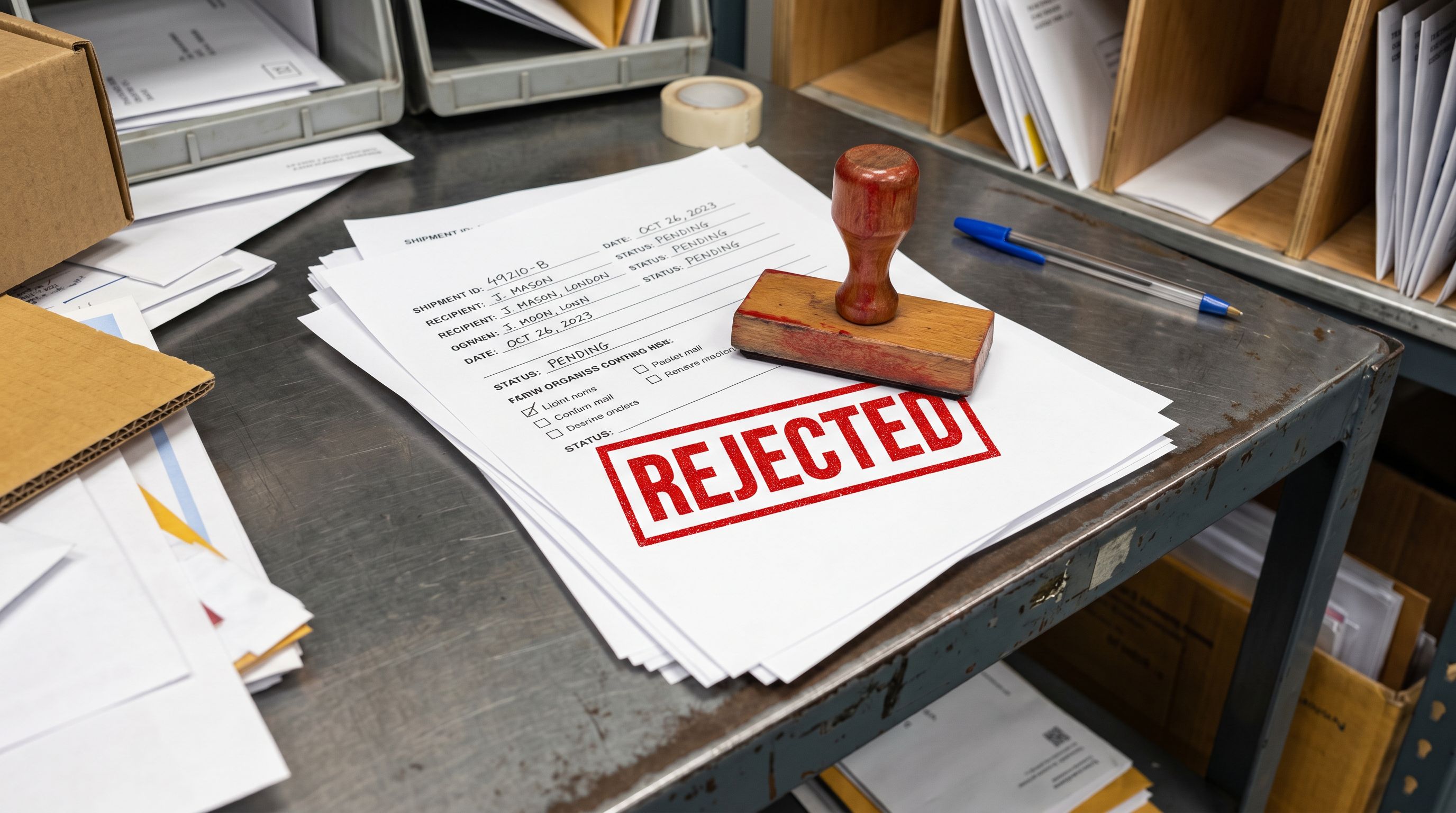 A bold red rejection stamp pressed onto white shipping paperwork on a sorting surface.