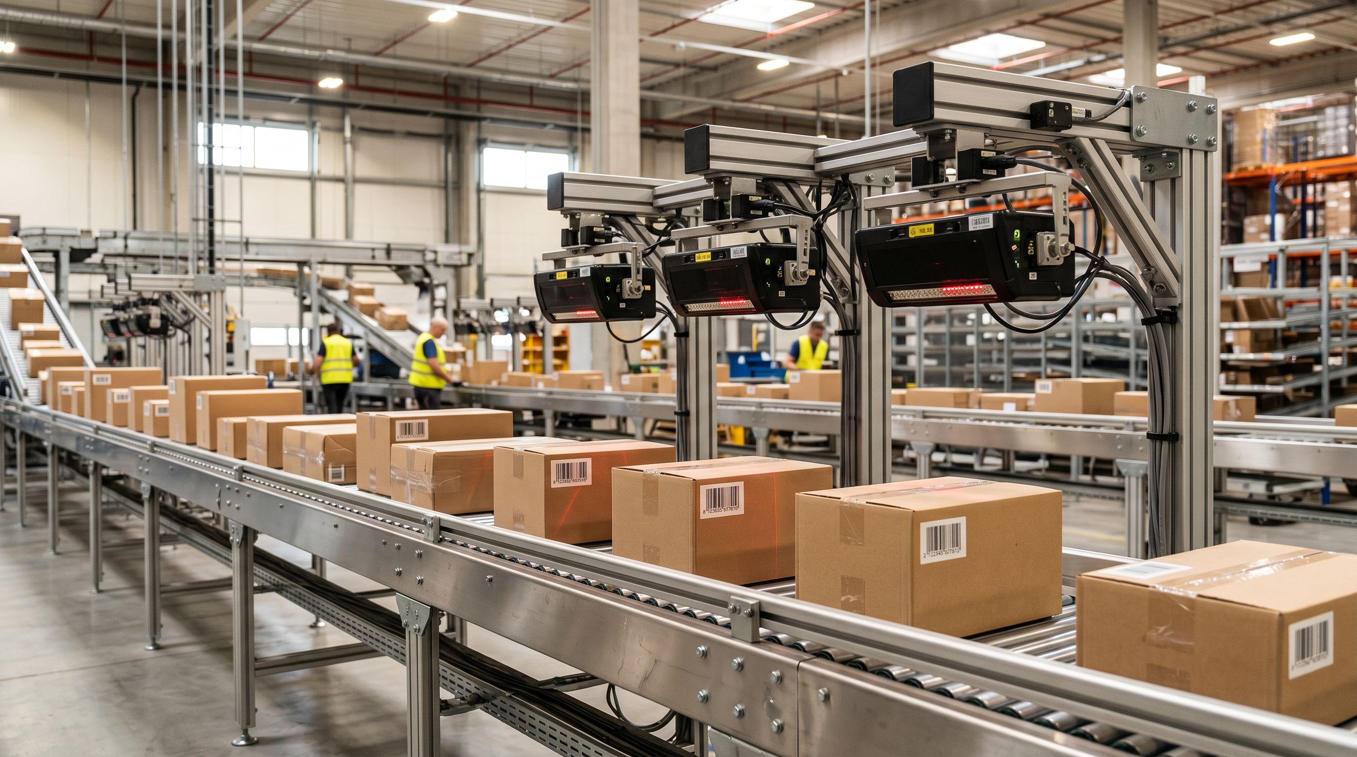 Consumer product packages on a warehouse conveyor belt passing under overhead barcode scanners.