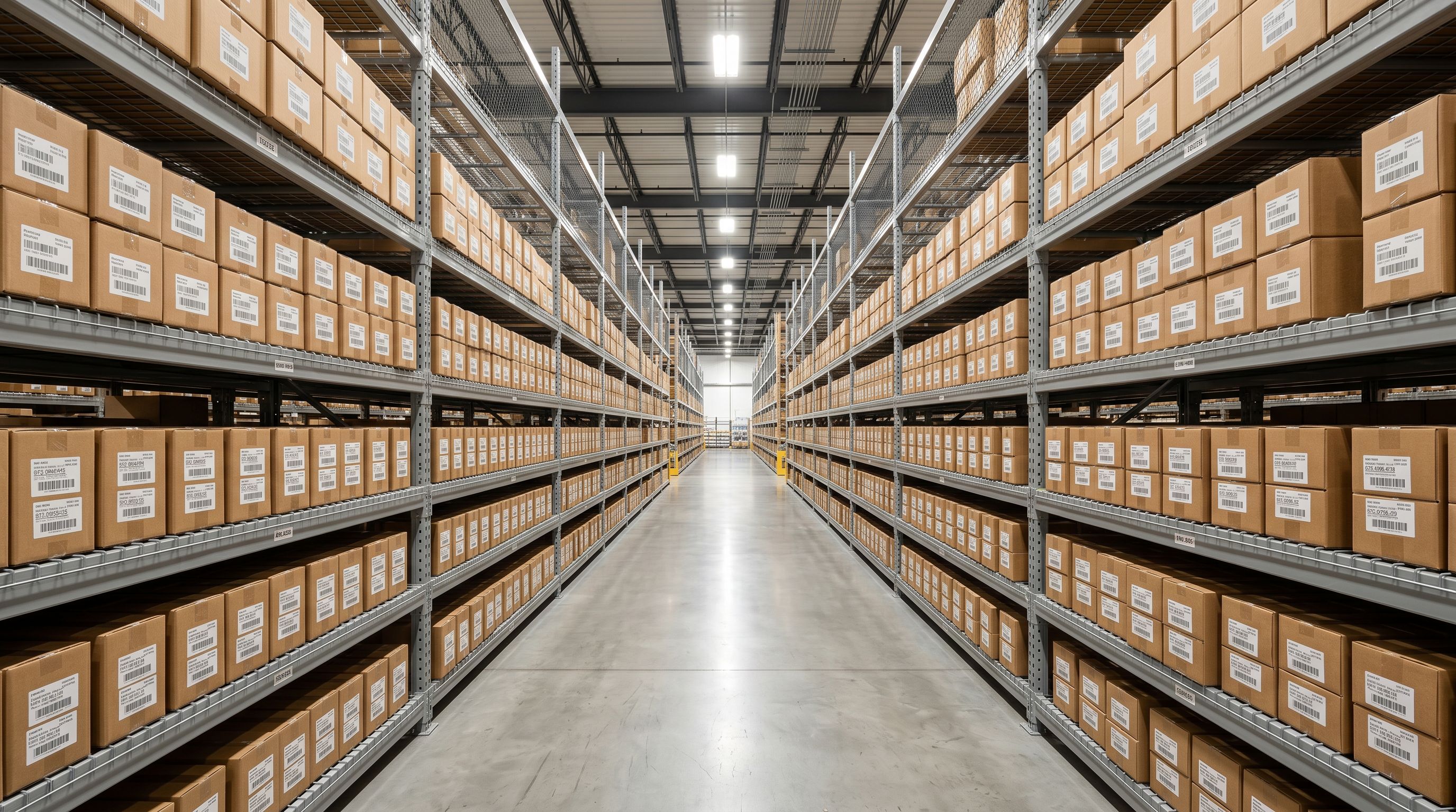 Wide warehouse shelving aisle with neatly organised product cartons bearing barcode labels.