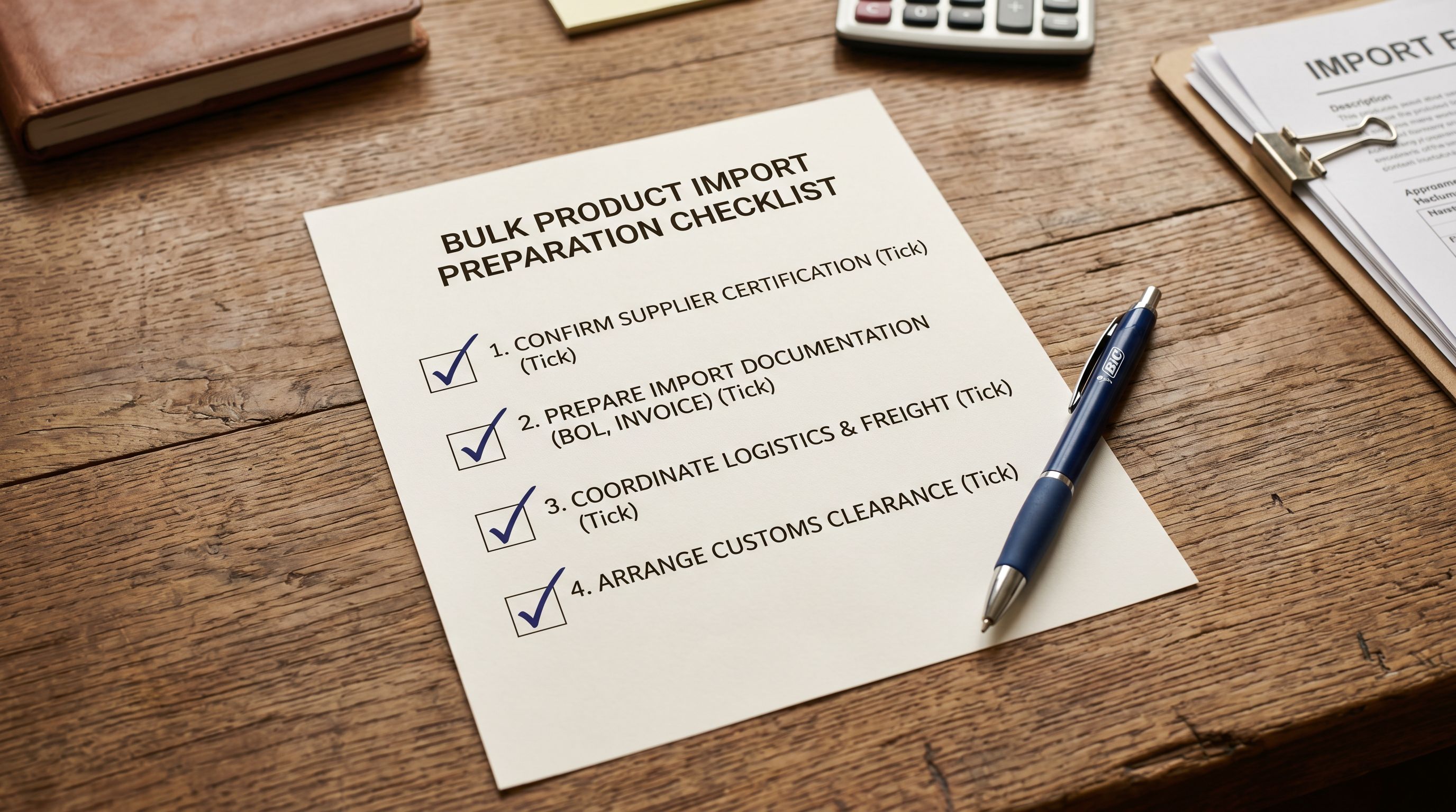 Printed bulk product import preparation checklist on a wooden desk showing four tasks with a tick beside each completed task and a pen resting on the sheet.