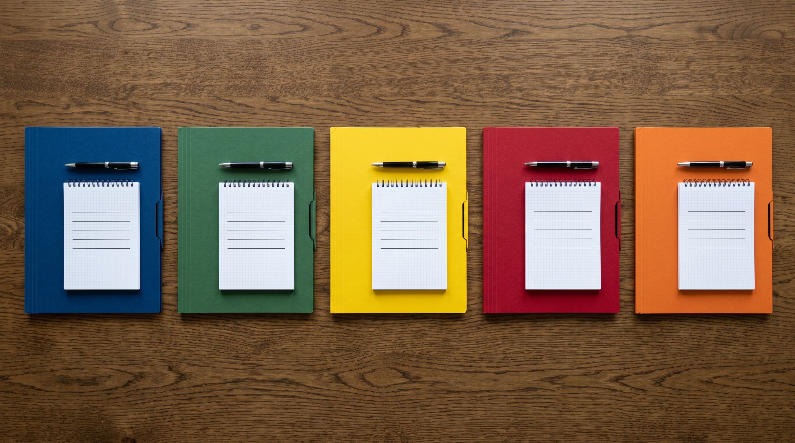 A conference table viewed from above with five distinct colour-coded client folders arranged in a neat row, each a different bold colour representing a separate client.
